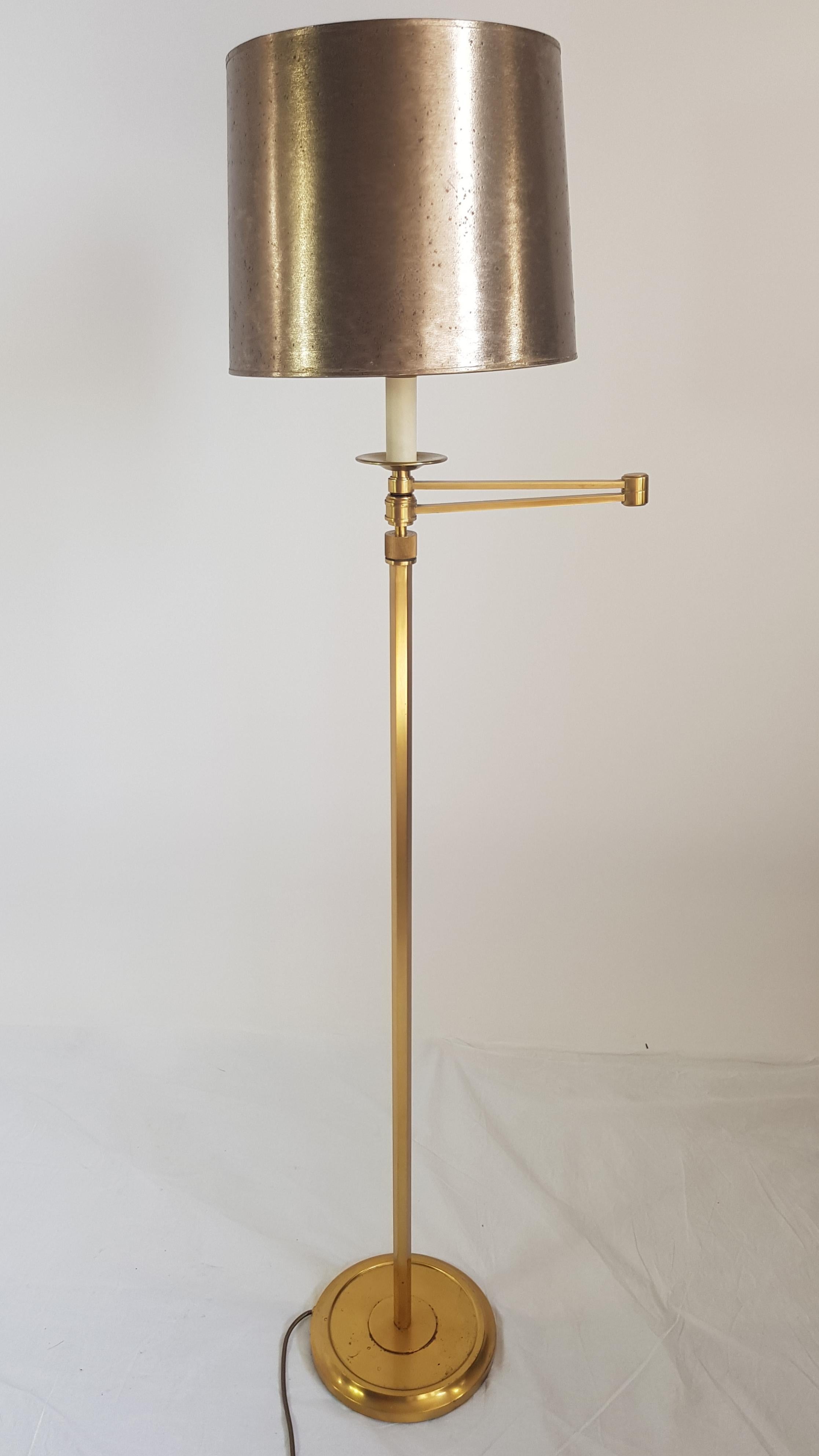 French, Bronze Floor Lamp, Liseuse Maison Bagès, Golden Lampshade, 1970s For Sale 1