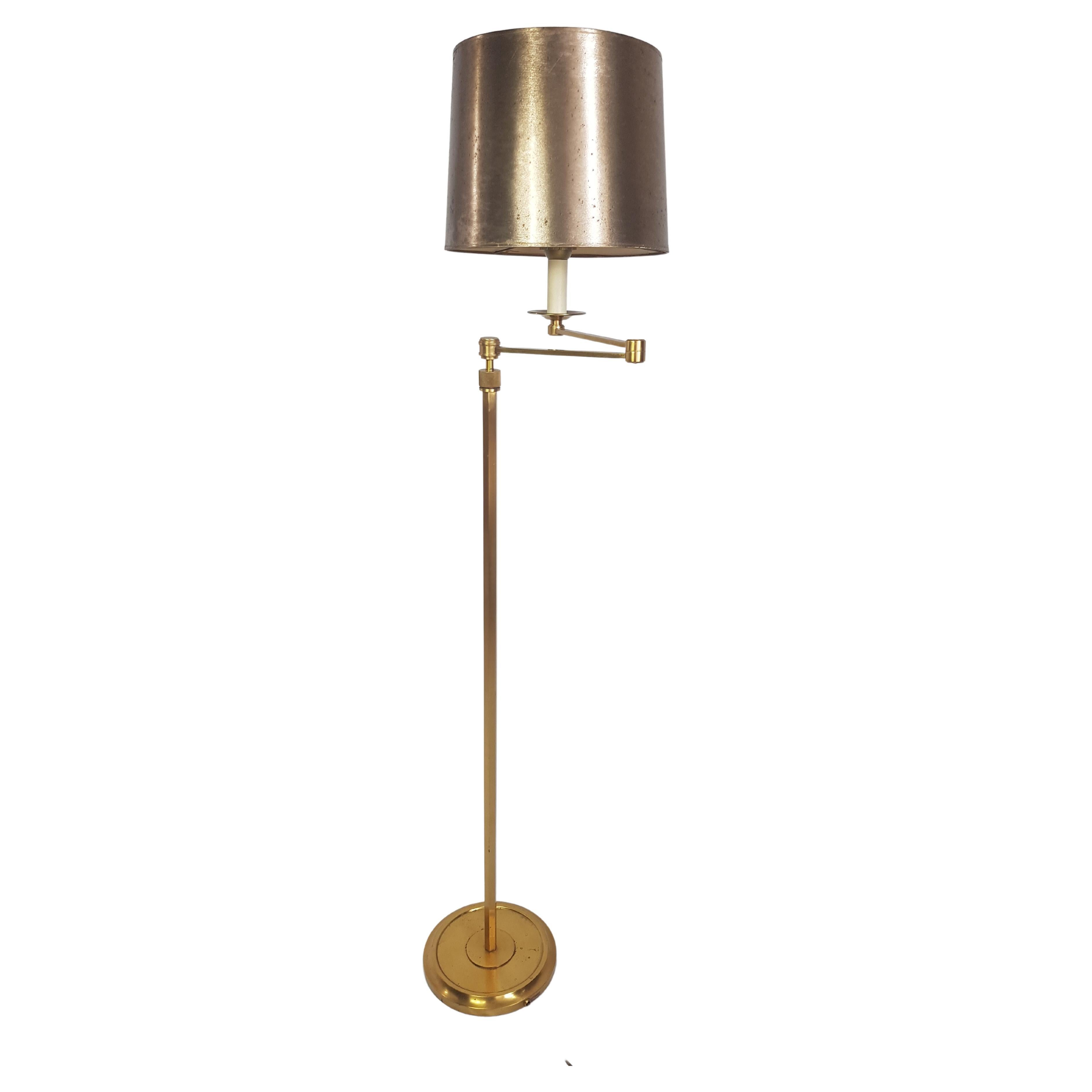 French, Bronze Floor Lamp, Liseuse Maison Bagès, Golden Lampshade, 1970s For Sale