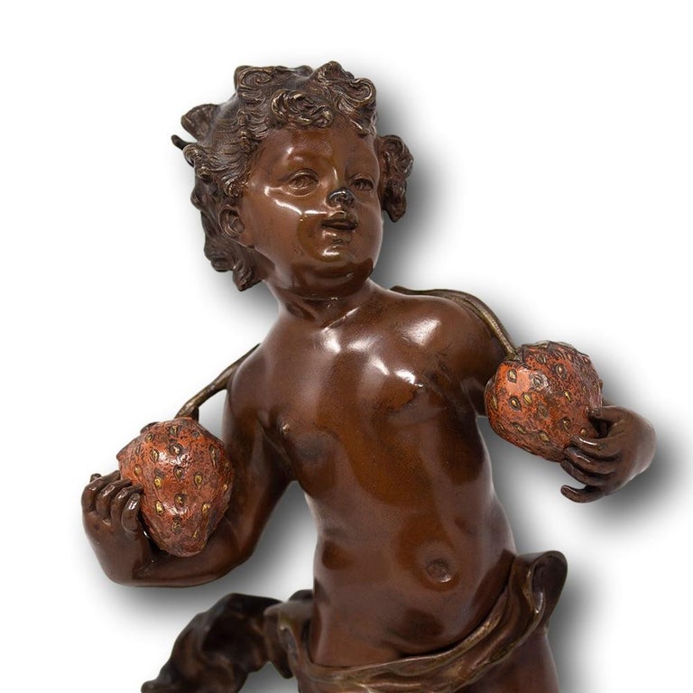 19th Century French Bronze Girl with Strawberries Emile Pinedo, 1840-1916 For Sale