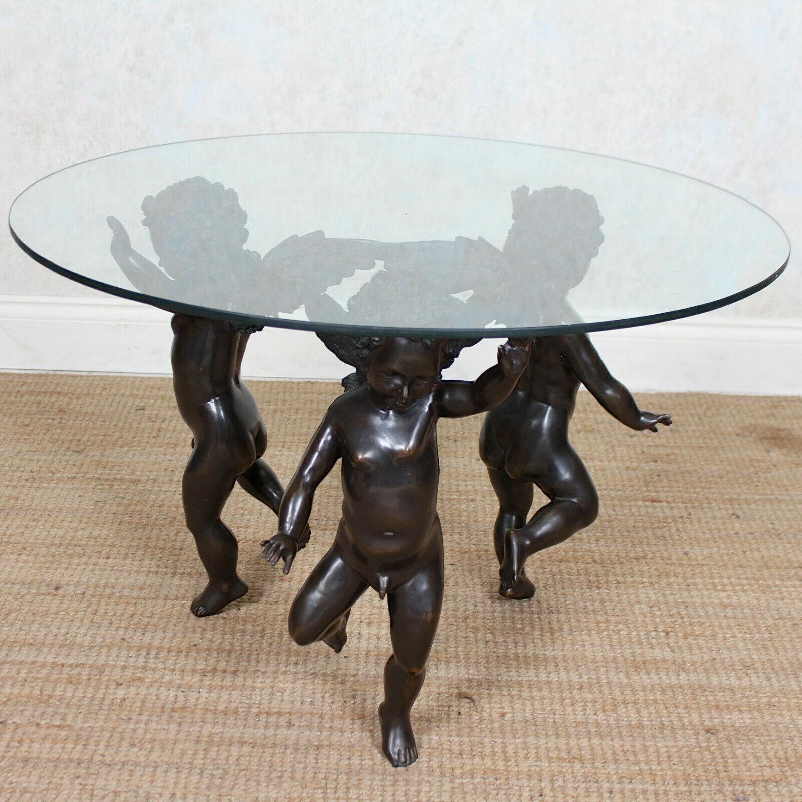 French Bronze Glass Cherub Coffee Table Circular In Good Condition For Sale In Newcastle upon Tyne, GB