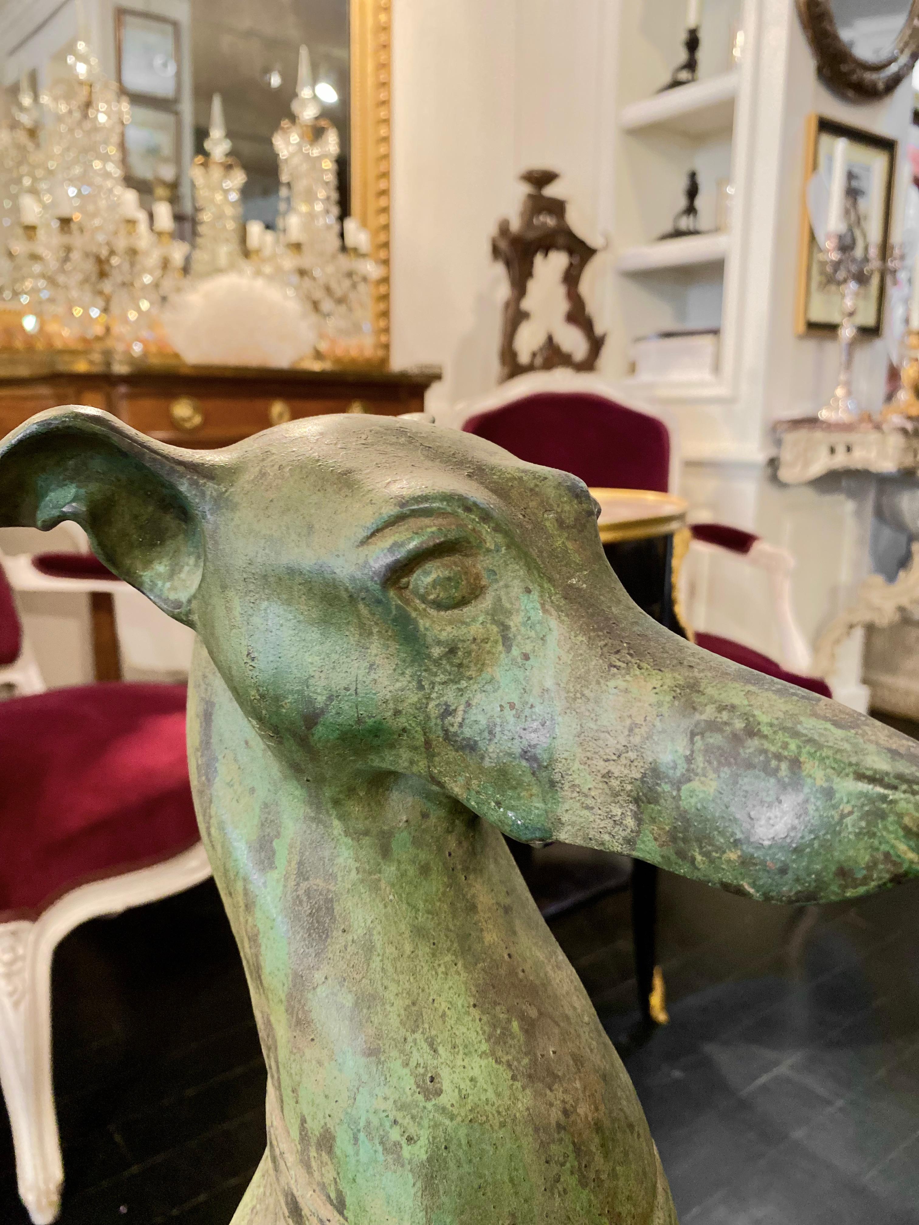 Patinated French Bronze Greyhounds, Large Pair