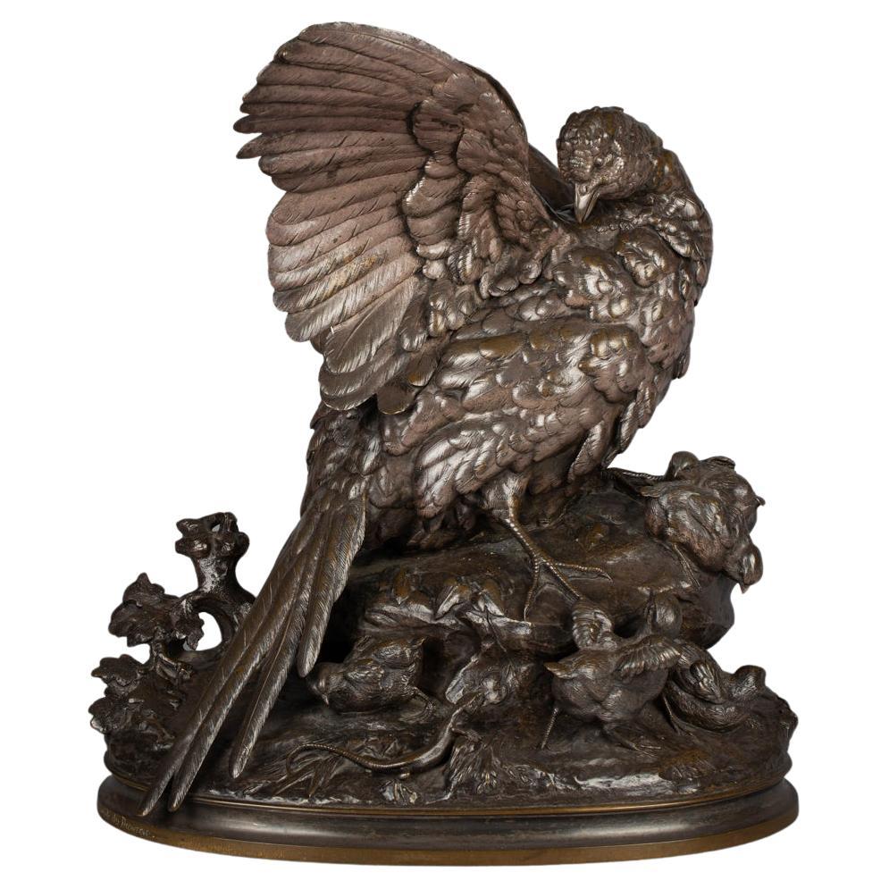French Bronze Group of Pheasant Hen and Her Young, Alphonse-Alexandre Arson For Sale