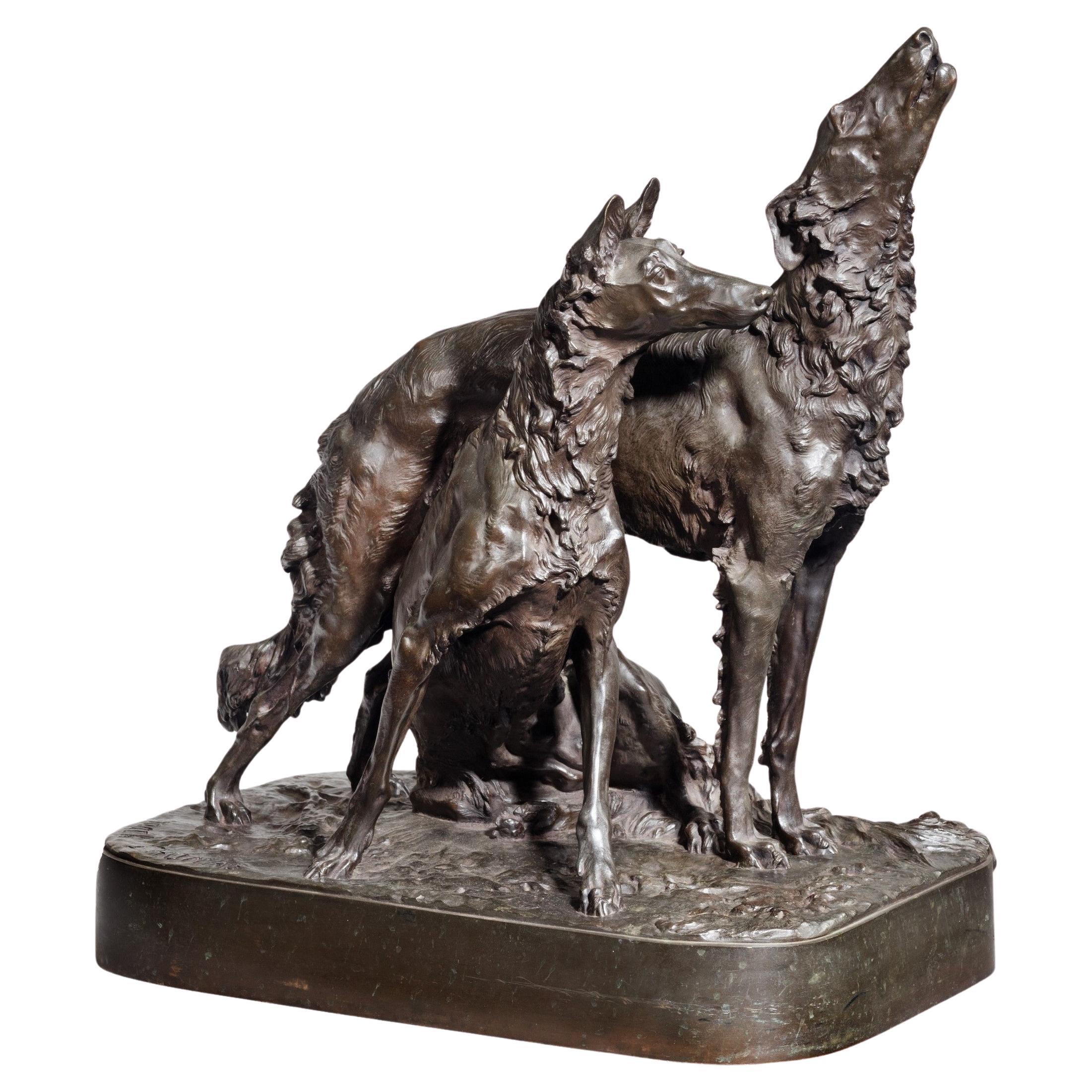 Französische Bronzegruppe mit zwei Wolfshunden, von Mathilde Thomas-soyer (1858-1940)