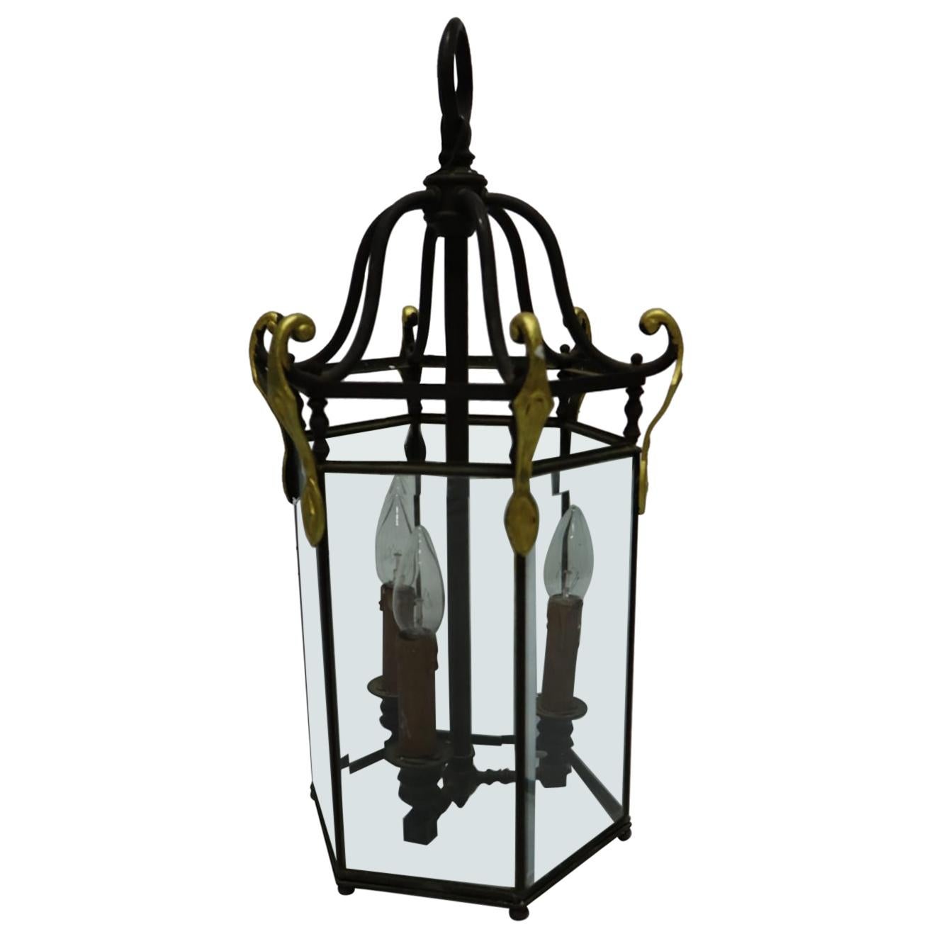 French Bronze Hall Lantern with Beveled Panes, Electrical, circa 1930 For Sale