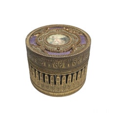 French Bronze Hand Painted Portrait Guilloche Round Trinket Jewelry/Powder Box