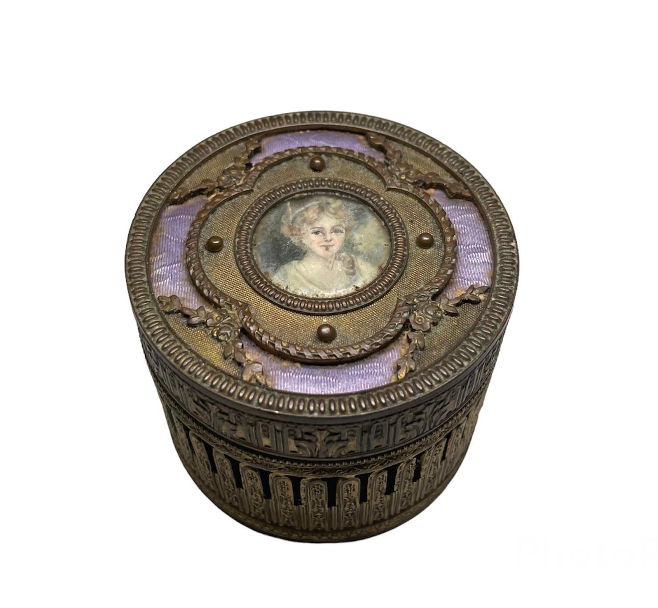 19th Century French Bronze Hand Painted Portrait Guilloche Round Trinket Jewelry/Powder Box For Sale