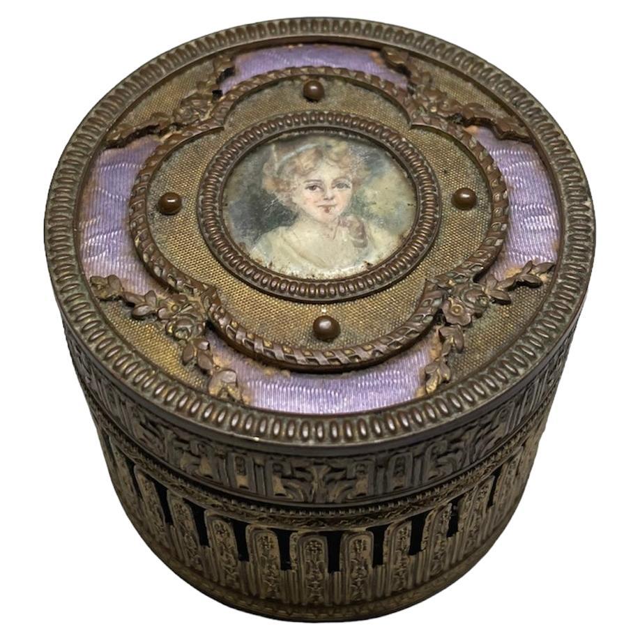 French Bronze Hand Painted Portrait Guilloche Round Trinket Jewelry/Powder Box For Sale