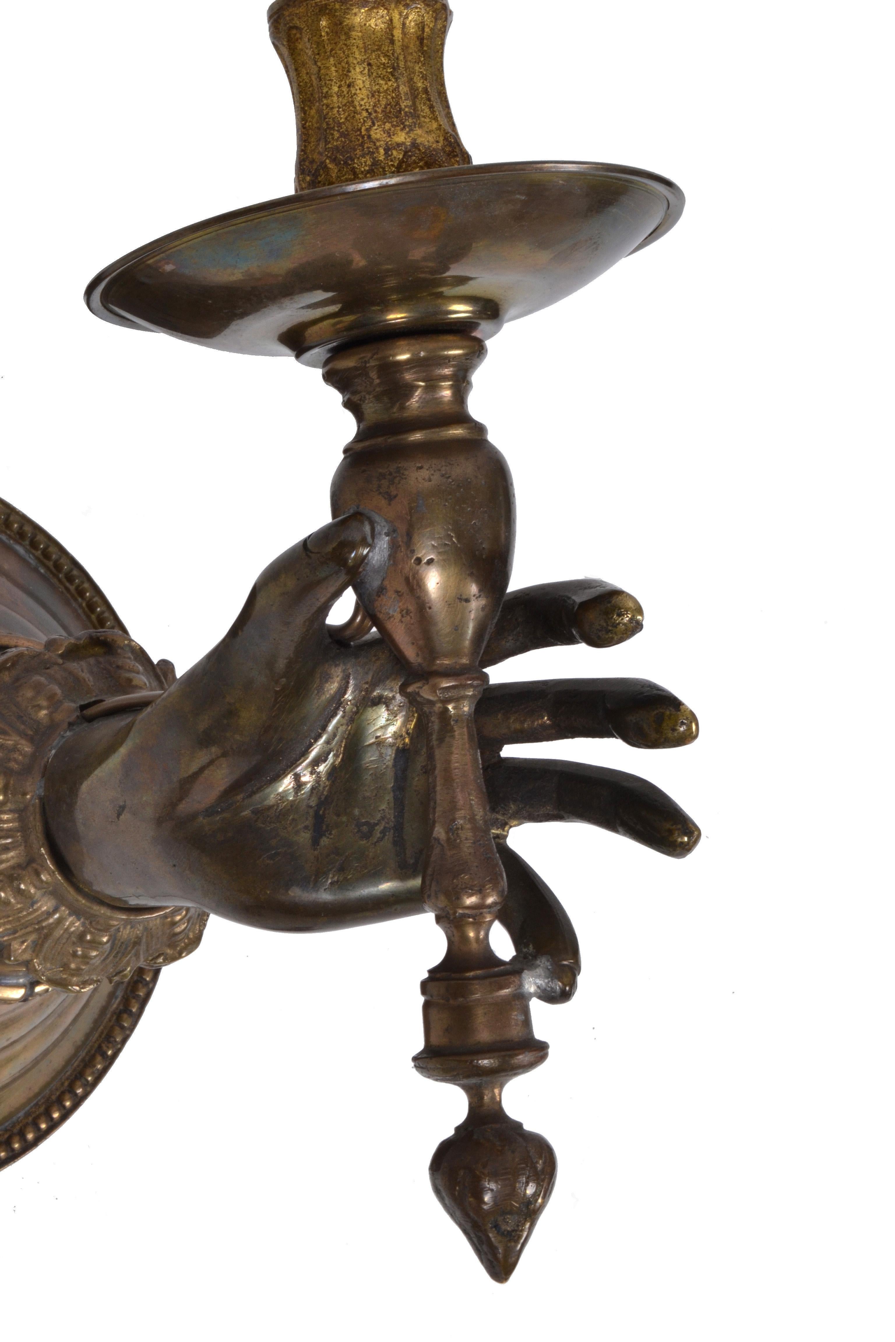 French Provincial French Bronze Hand Wall Sconces, a Pair