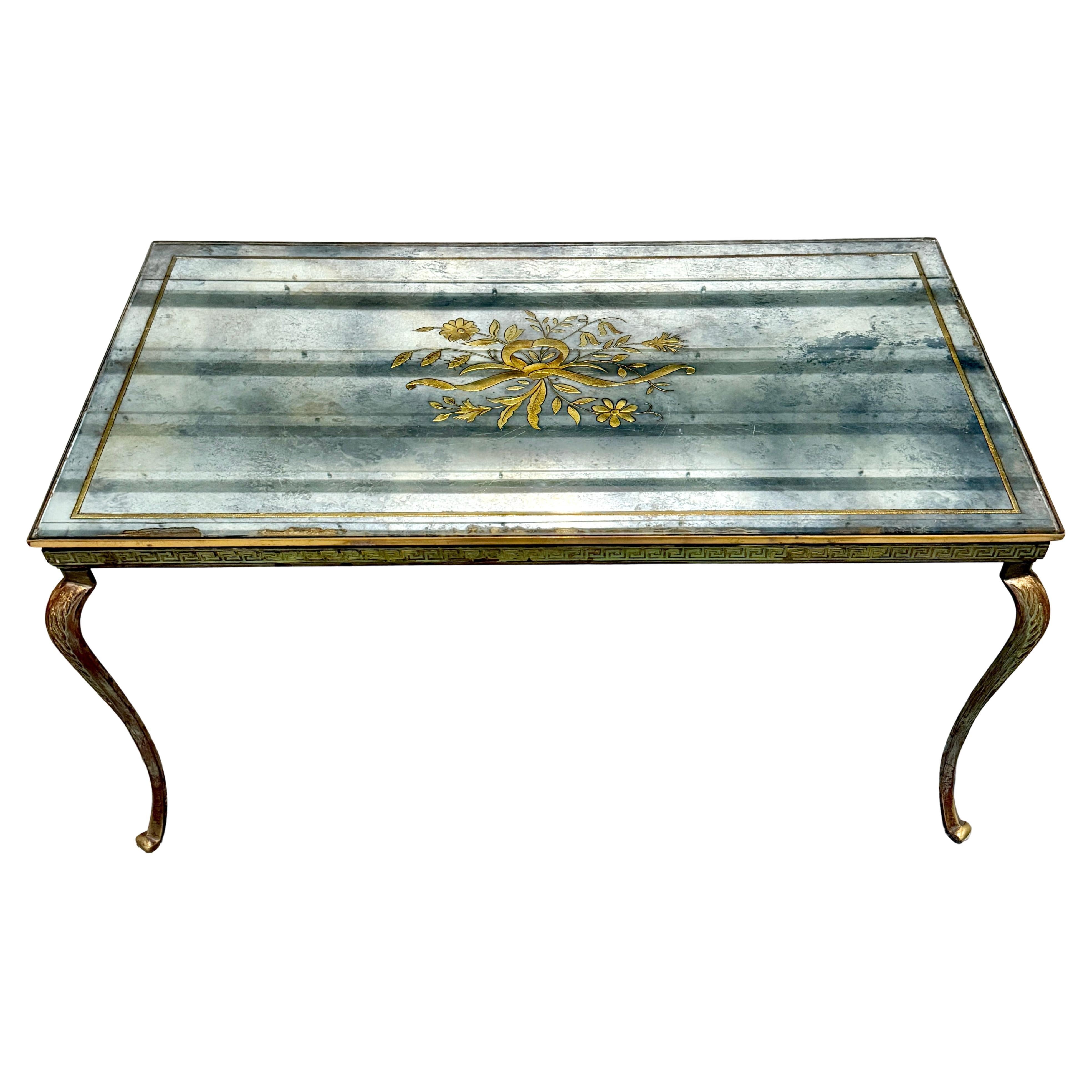French Bronze, Iron And Églomisé Glass Coffee Table With Greek Key Frieze