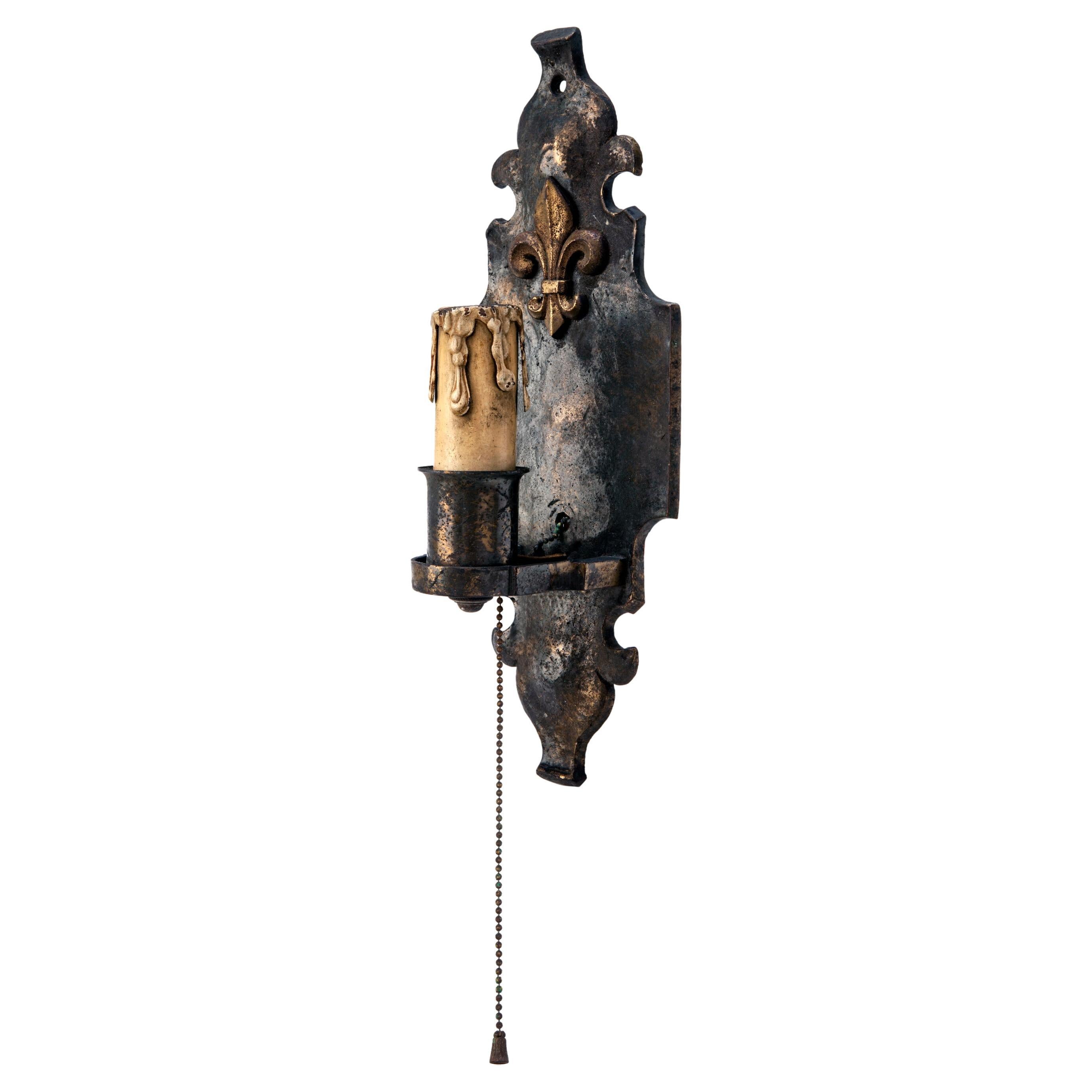 French Bronze & Iron Wall Sconce with Fleur De Lis For Sale