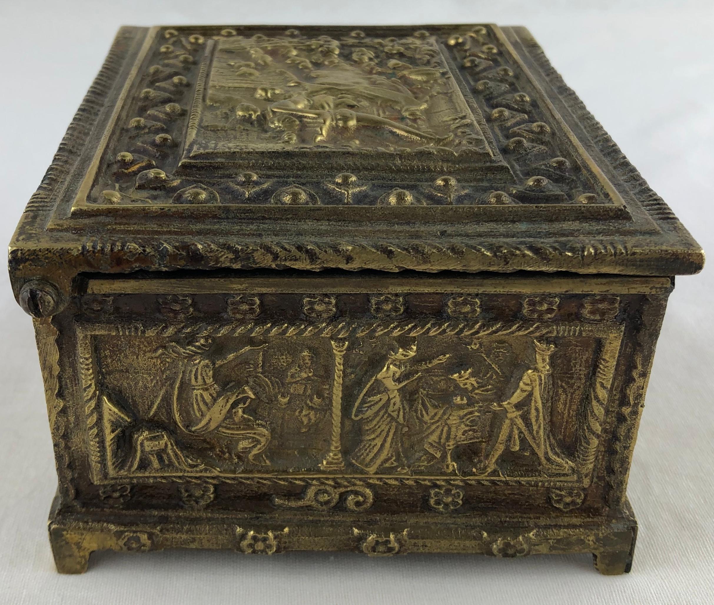 Hand-Crafted French Bronze Jewelry Box with High Reliefs, circa 1880