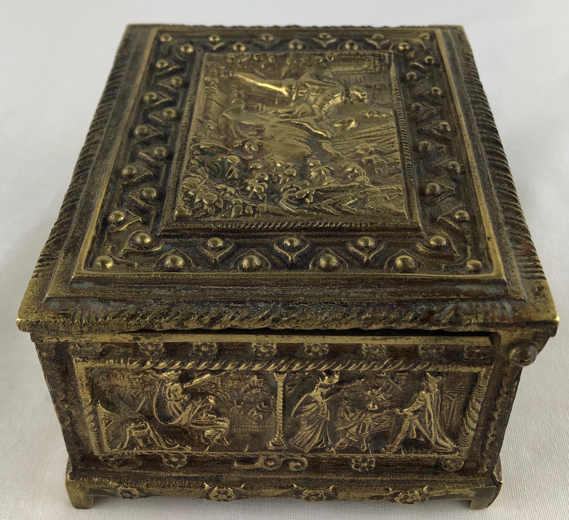 19th Century French Bronze Jewelry Box with High Reliefs, circa 1880