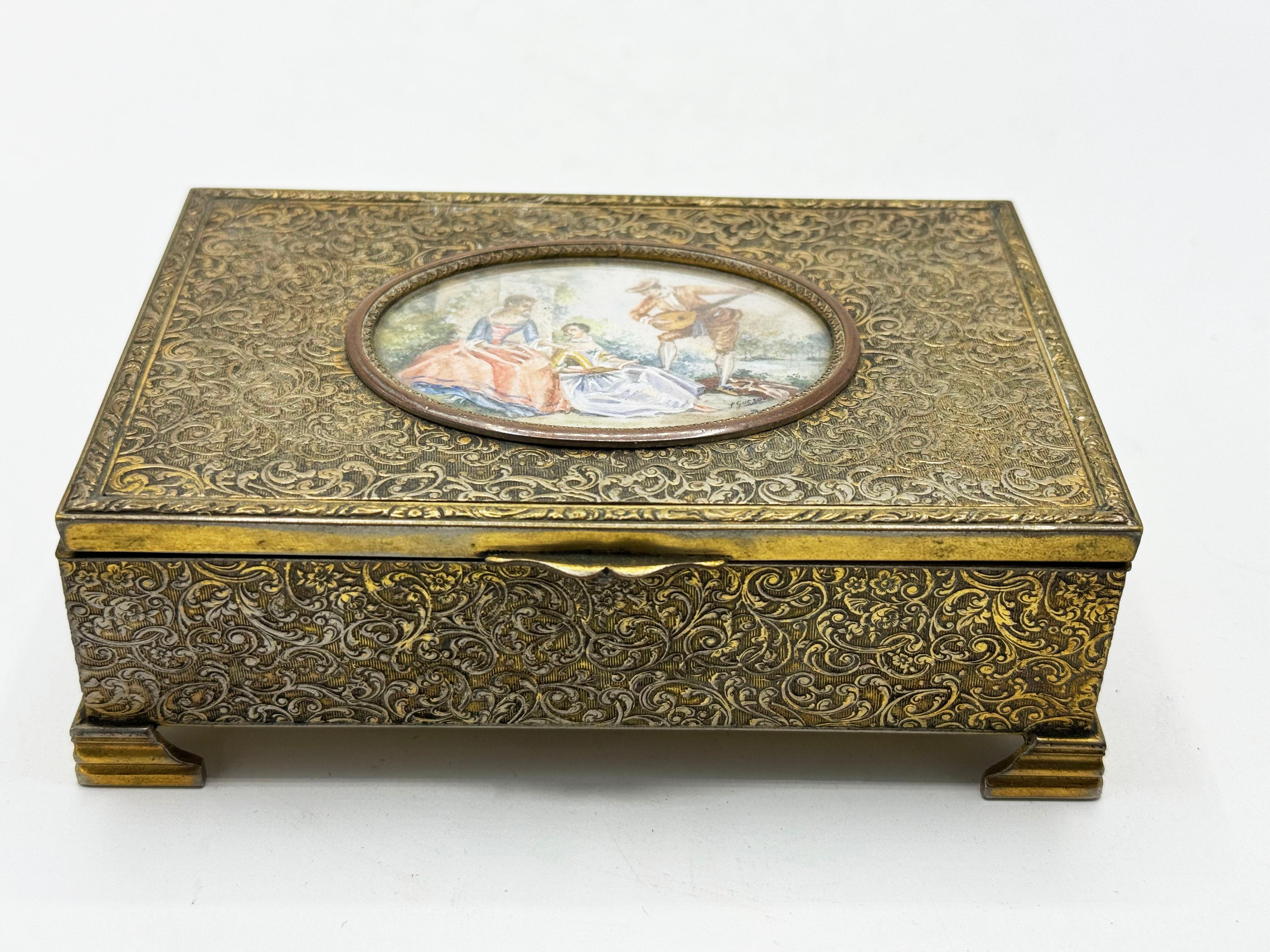French Bronze Jewelry Musical Box with Portrait Miniature Painting

Late 1800s to earliest 1900s, this elegantly crafted musical box is in very nice condition, just the music string not working.
this beautiful box represents the French Romantic era