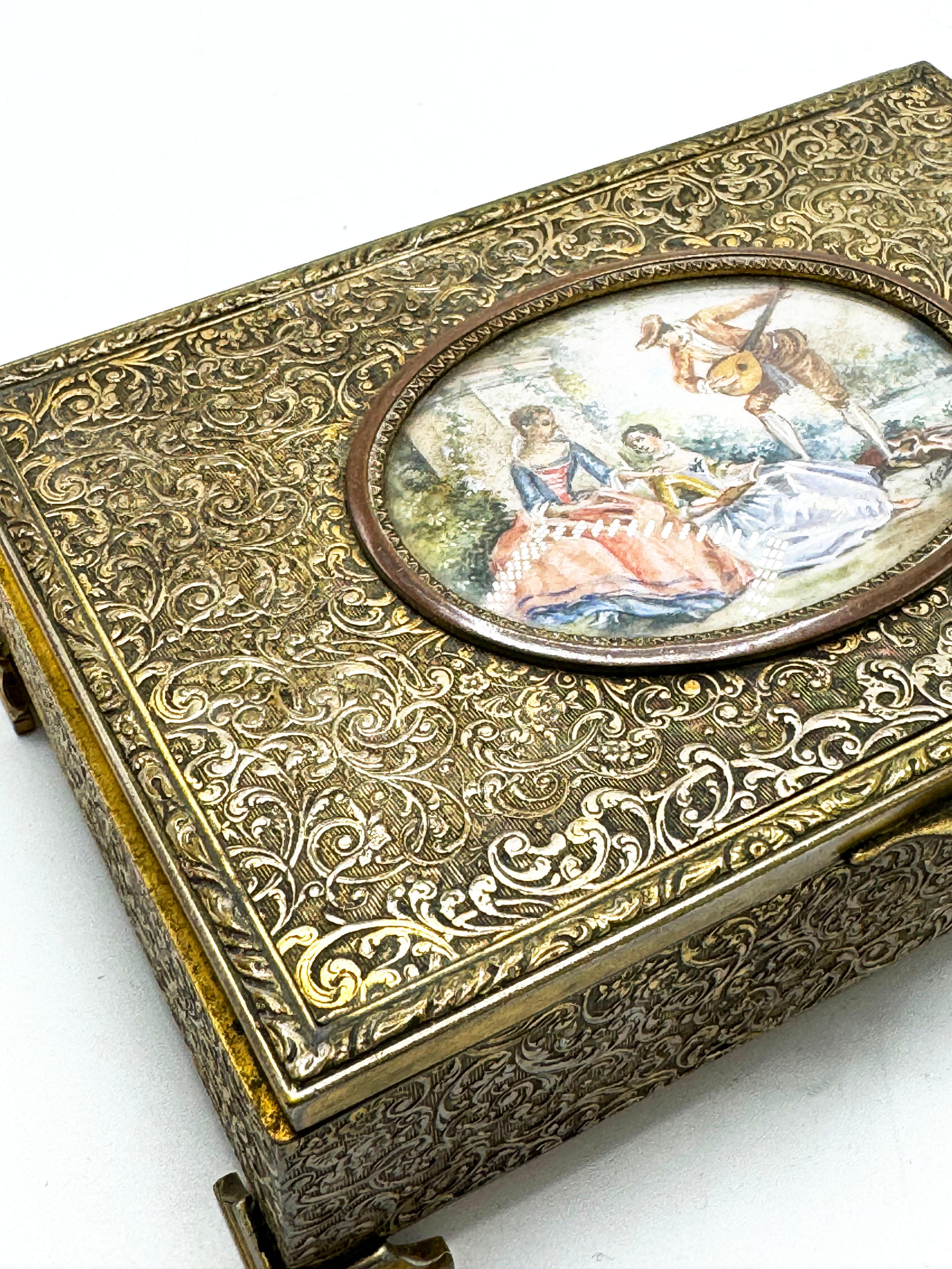 Early 20th Century French Bronze Jewelry Musical Box with Portrait Miniature Painting For Sale