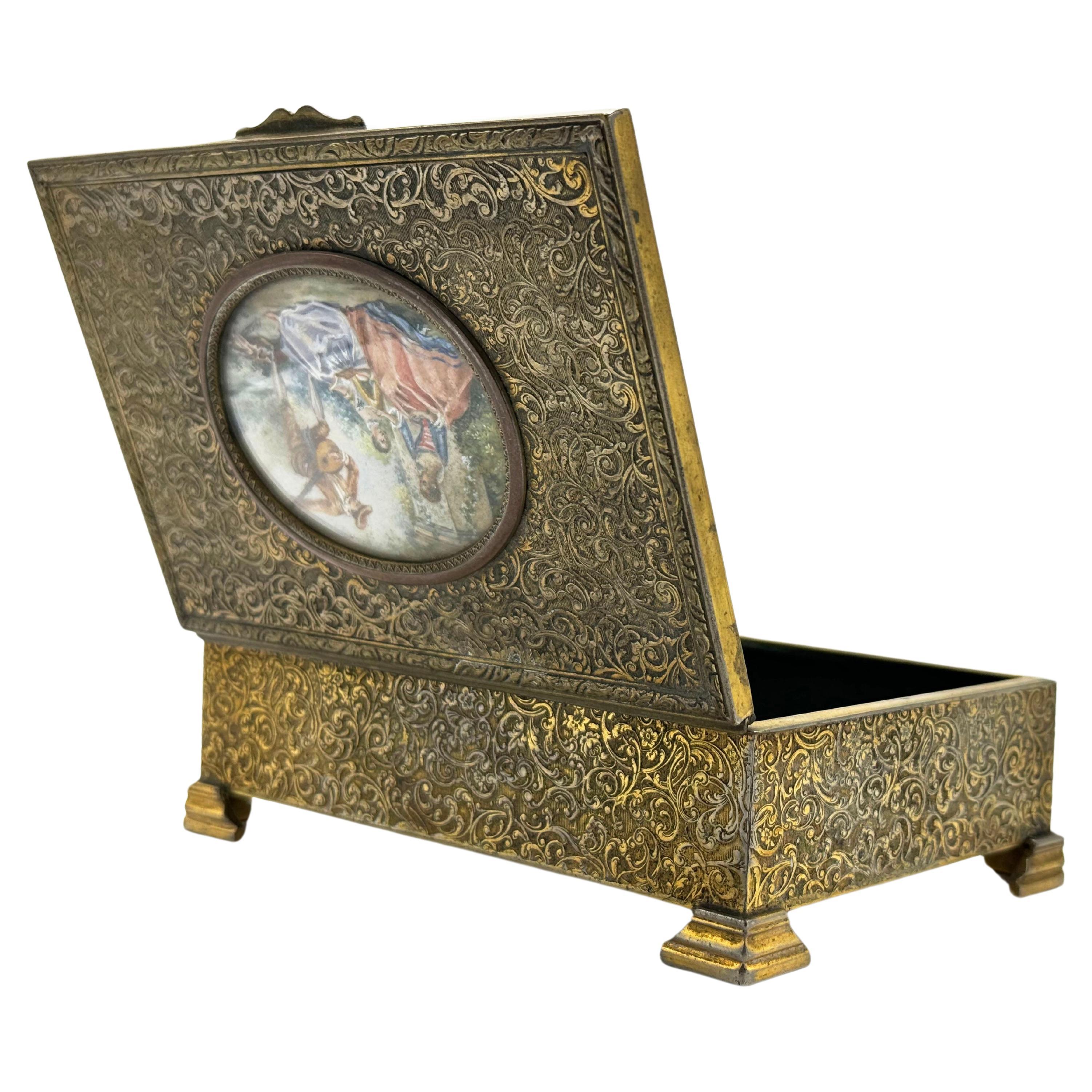 French Bronze Jewelry Musical Box with Portrait Miniature Painting