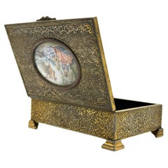 Antique French Bronze Jewelry Musical Box with Portrait Miniature Painting