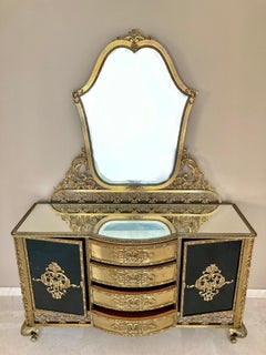 French Bronze Kidney Mirrored Dressing Table or Vanity with Four Drawers