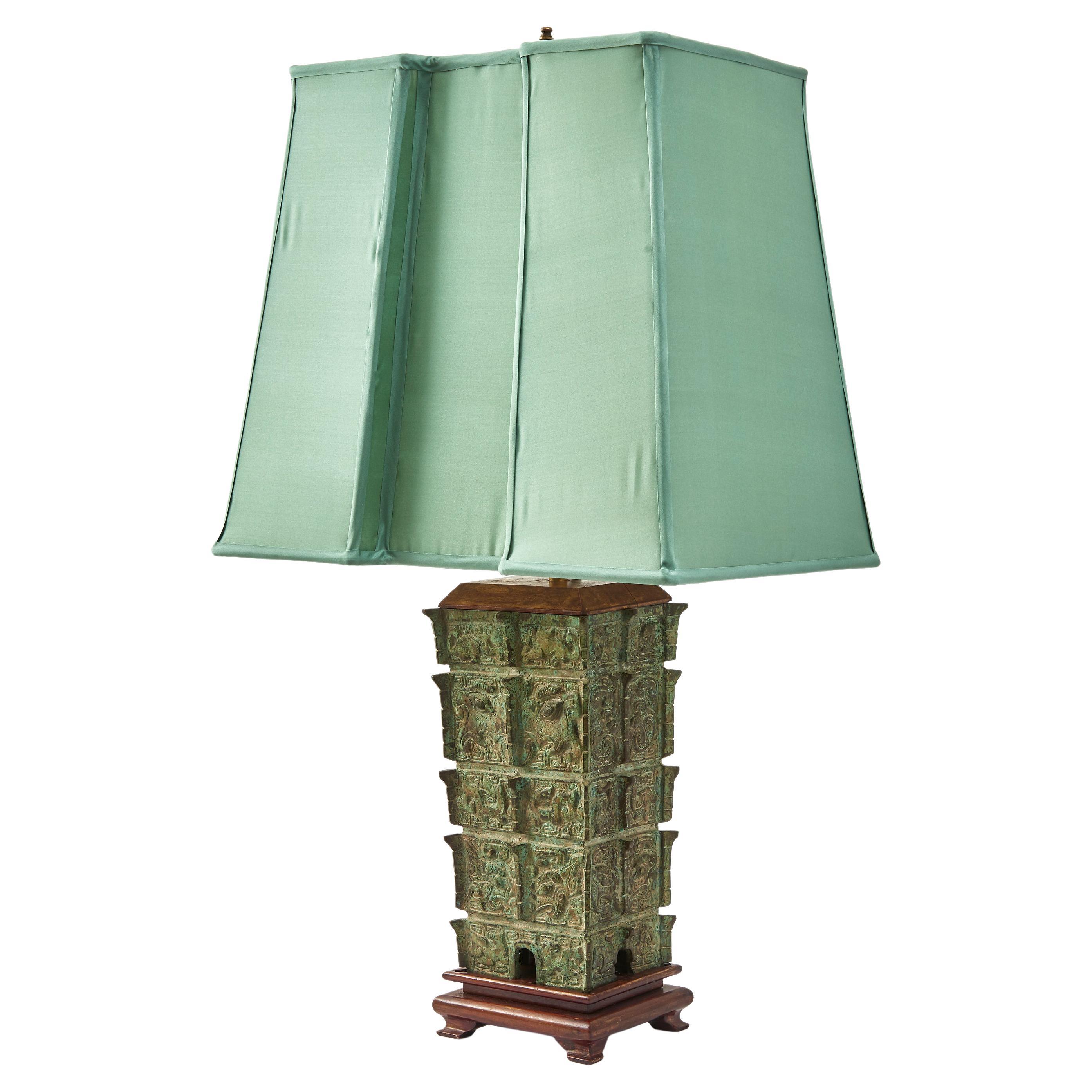 French Bronze Lamp After a Chinese ‘Fangyi’ Grain Vessel, c.1950 For Sale