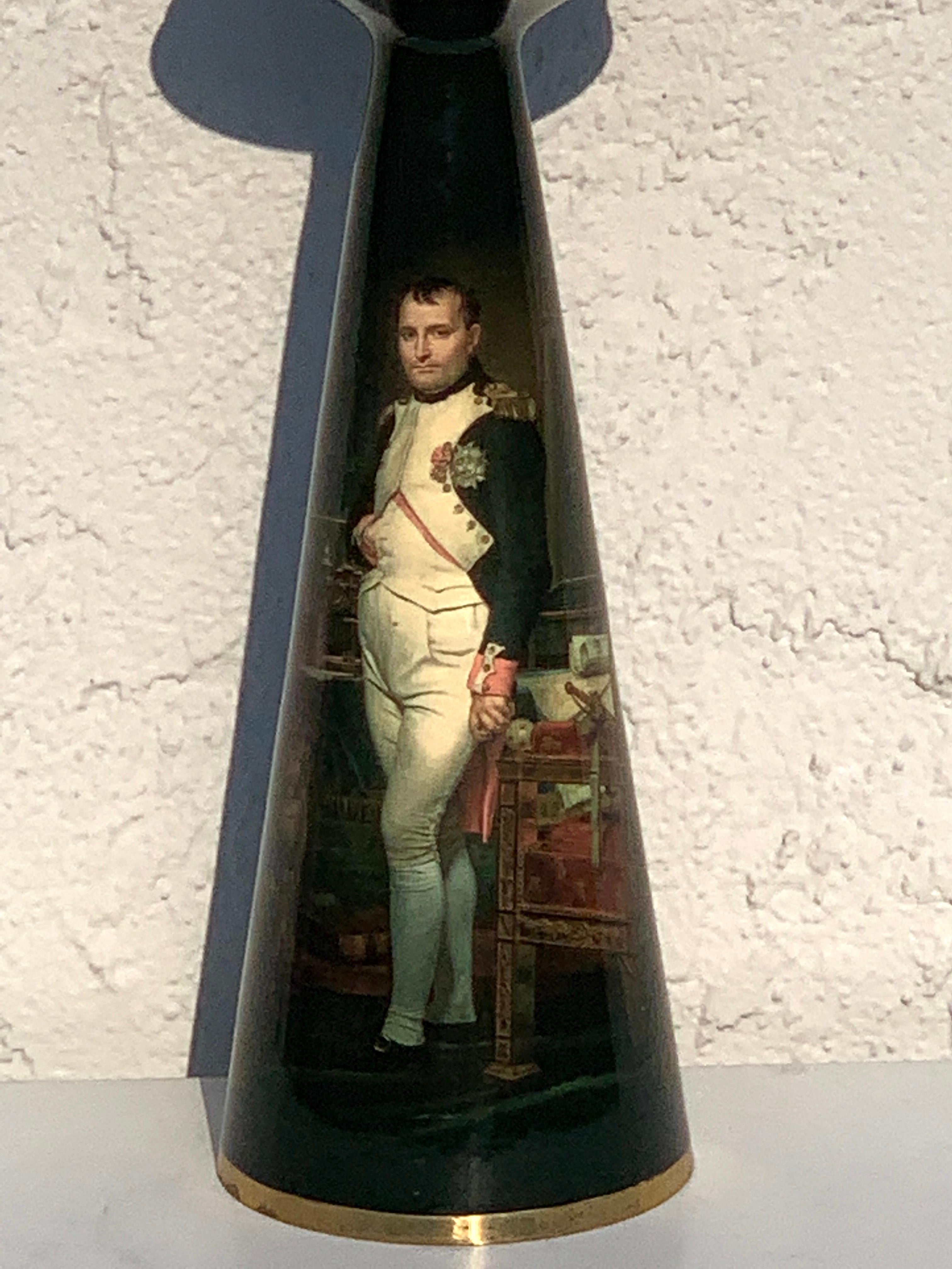 French bronze lamp, interesting, modern form with fine enameling of Jacques-Louis David's, 1812 painting of The Emperor Napoleon in his Study at the Tuileries, New wiring 
The height to the top of the socket is 16 inches, 12 inches high to the top