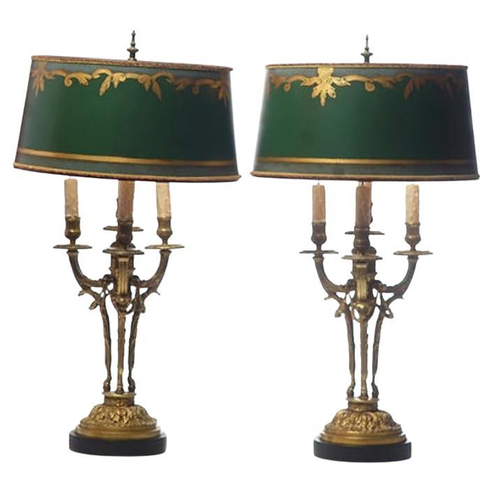 Lámparas francesas de bronce con pantallas a medida, Siglo XX