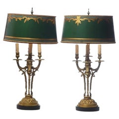 French Bronze Lamps with Custom Shades, 20th Century