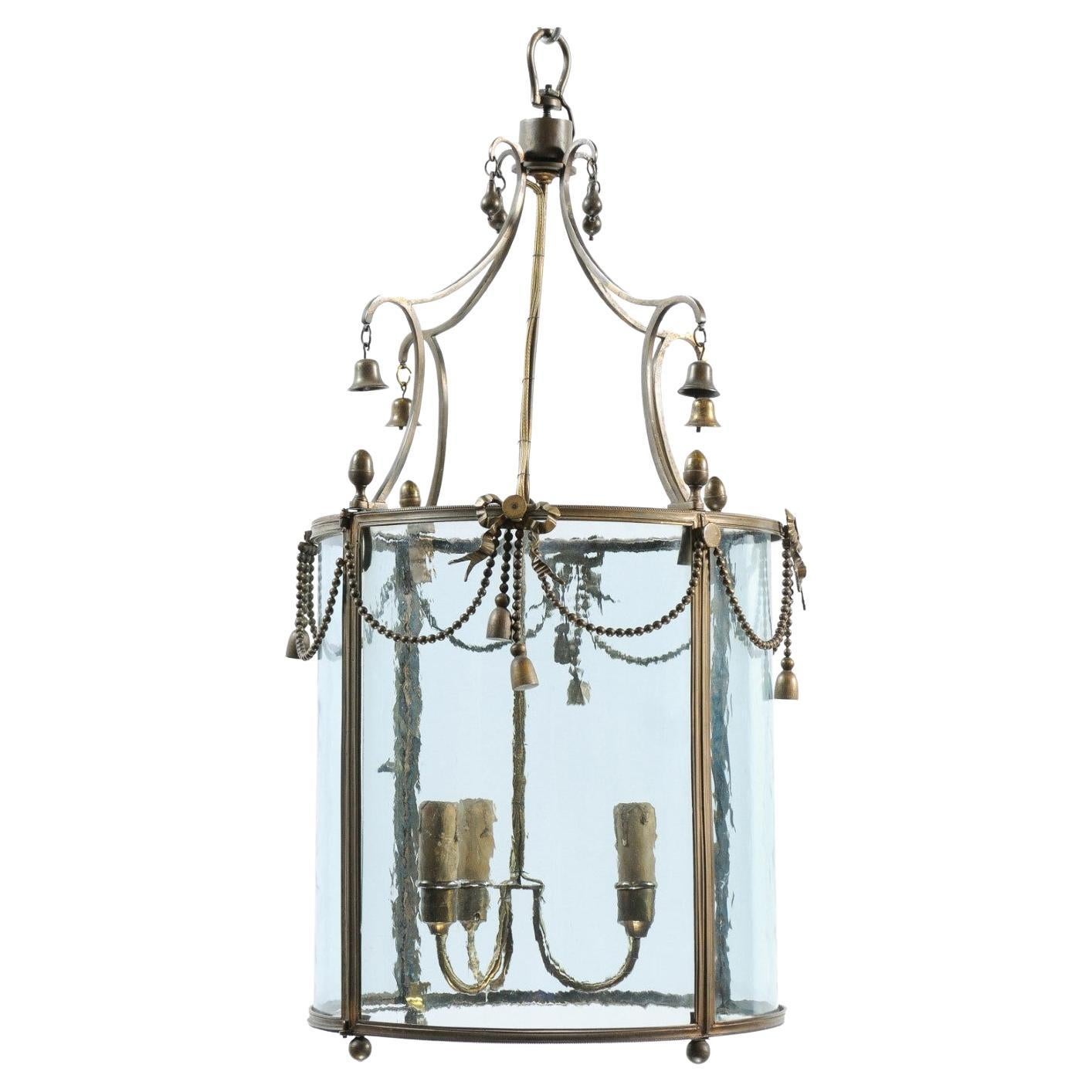 French Bronze Lantern with 3 Lights & Bells, ca. 1890