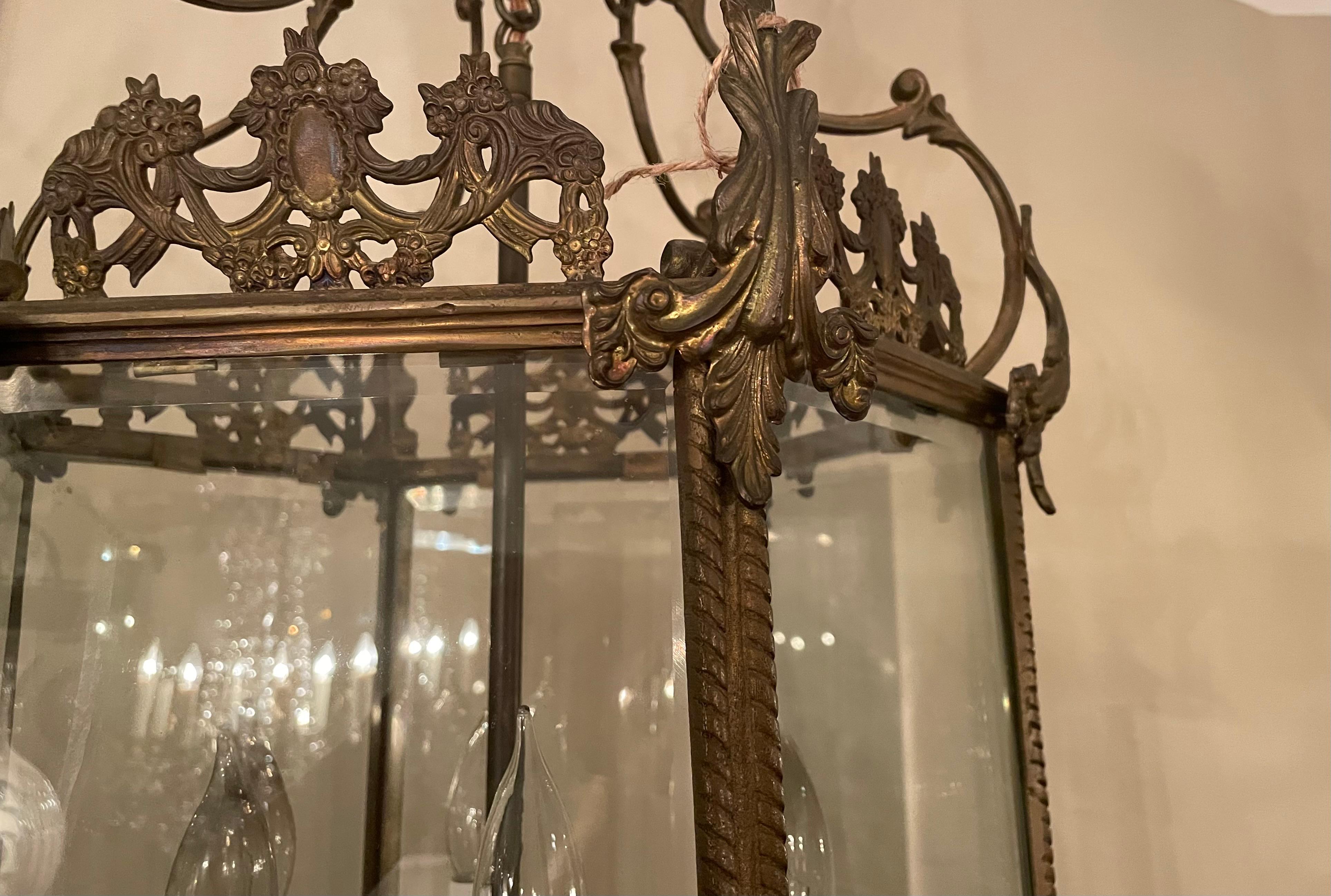 20th Century French Bronze Lantern with Beveled Glass For Sale