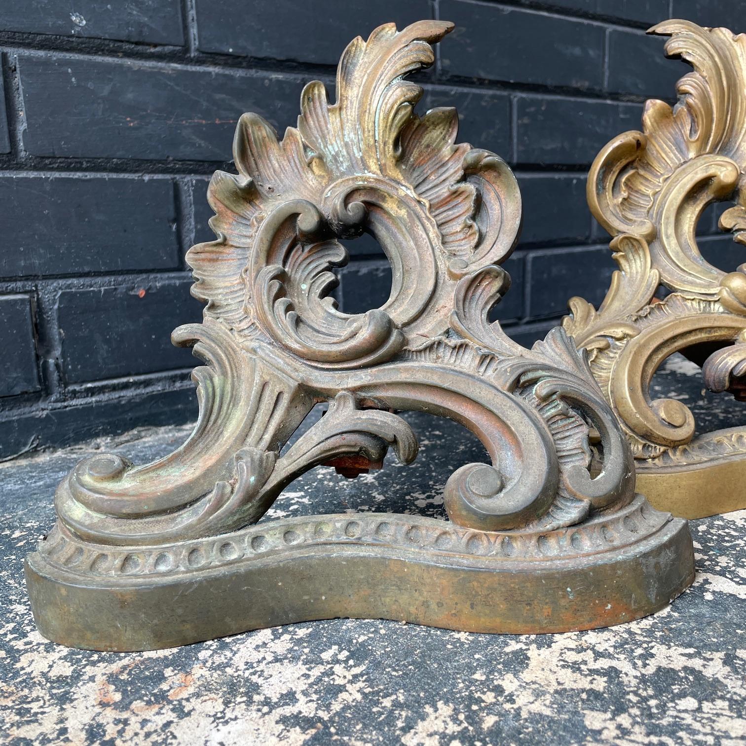 Molded French Bronze Leaf Fireplace Victorian Fire Dog Andirons Petite Apartment Floral For Sale
