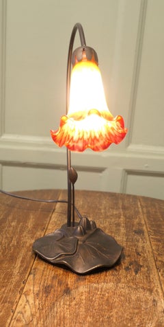 French Bronze Lilly Pad Table Lamp with Glass Shade