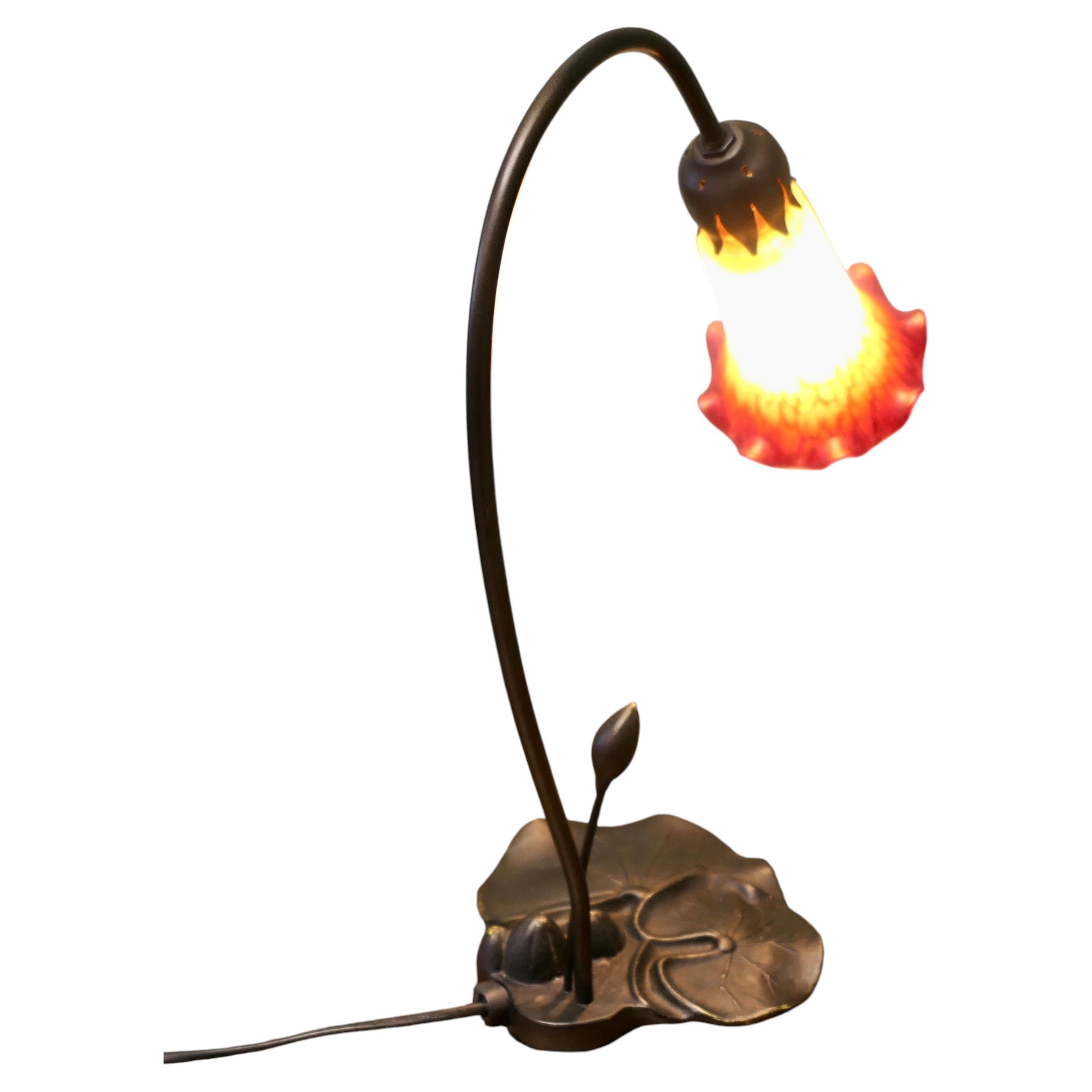 French Bronze Lilly Pad Table Lamp with Glass Shade For Sale