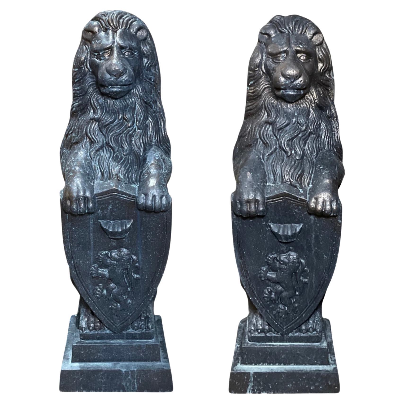 French Bronze Lion Sculpture Andirons For Sale