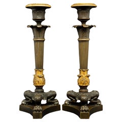 19th Century French Bronze Lions Paw Candle Sticks, Pair