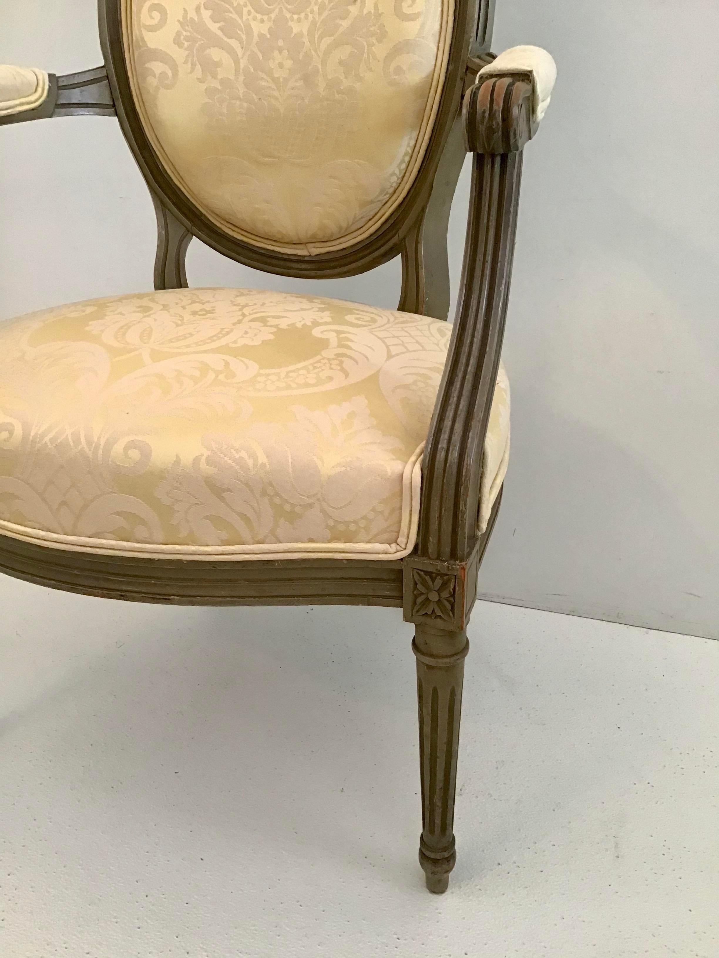 French Bronze Louis XVI Fauteuils in New Yellow Damask Upholstery, a Pair For Sale 5