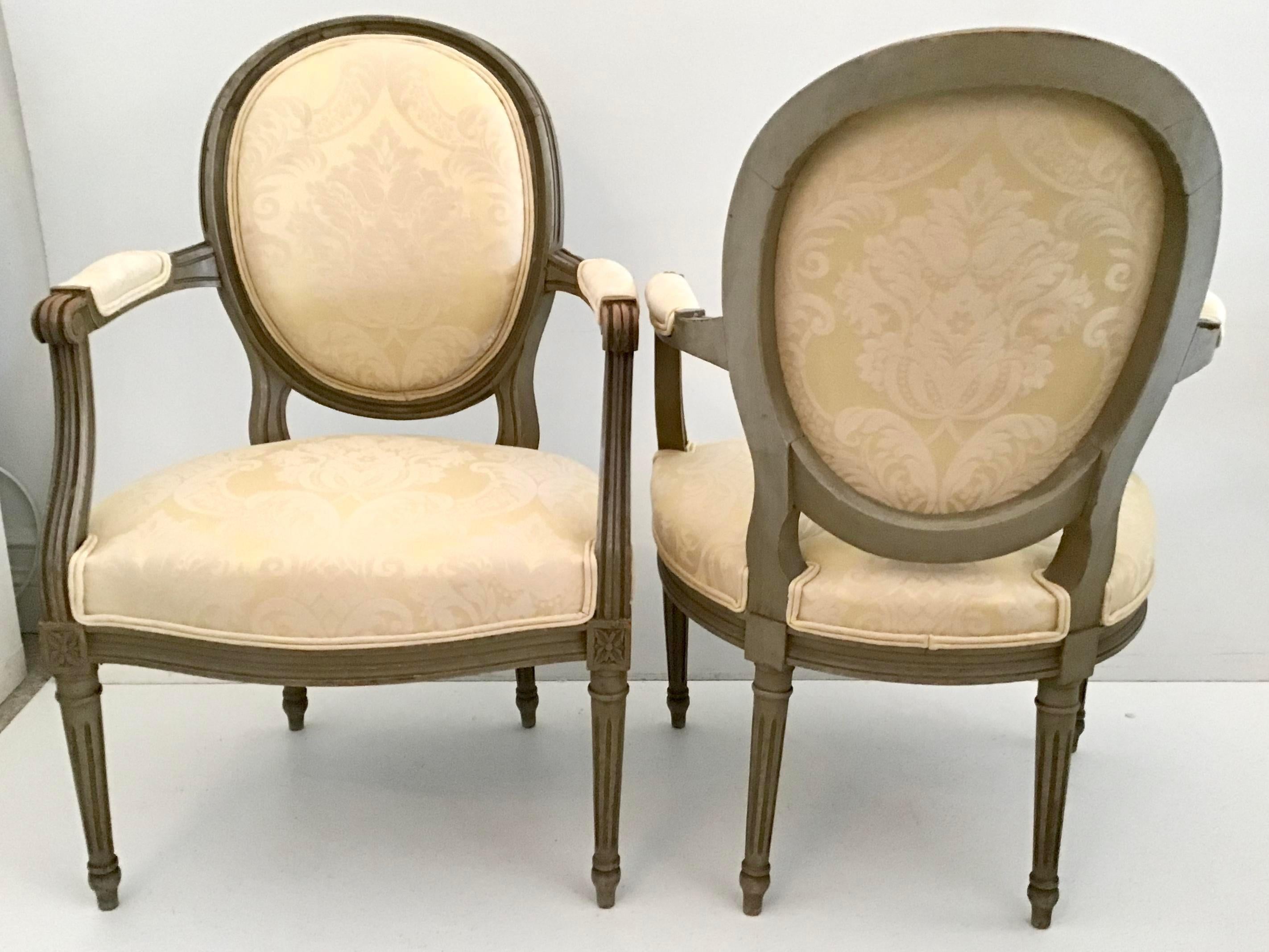 19th Century French Bronze Louis XVI Fauteuils in New Yellow Damask Upholstery, a Pair For Sale