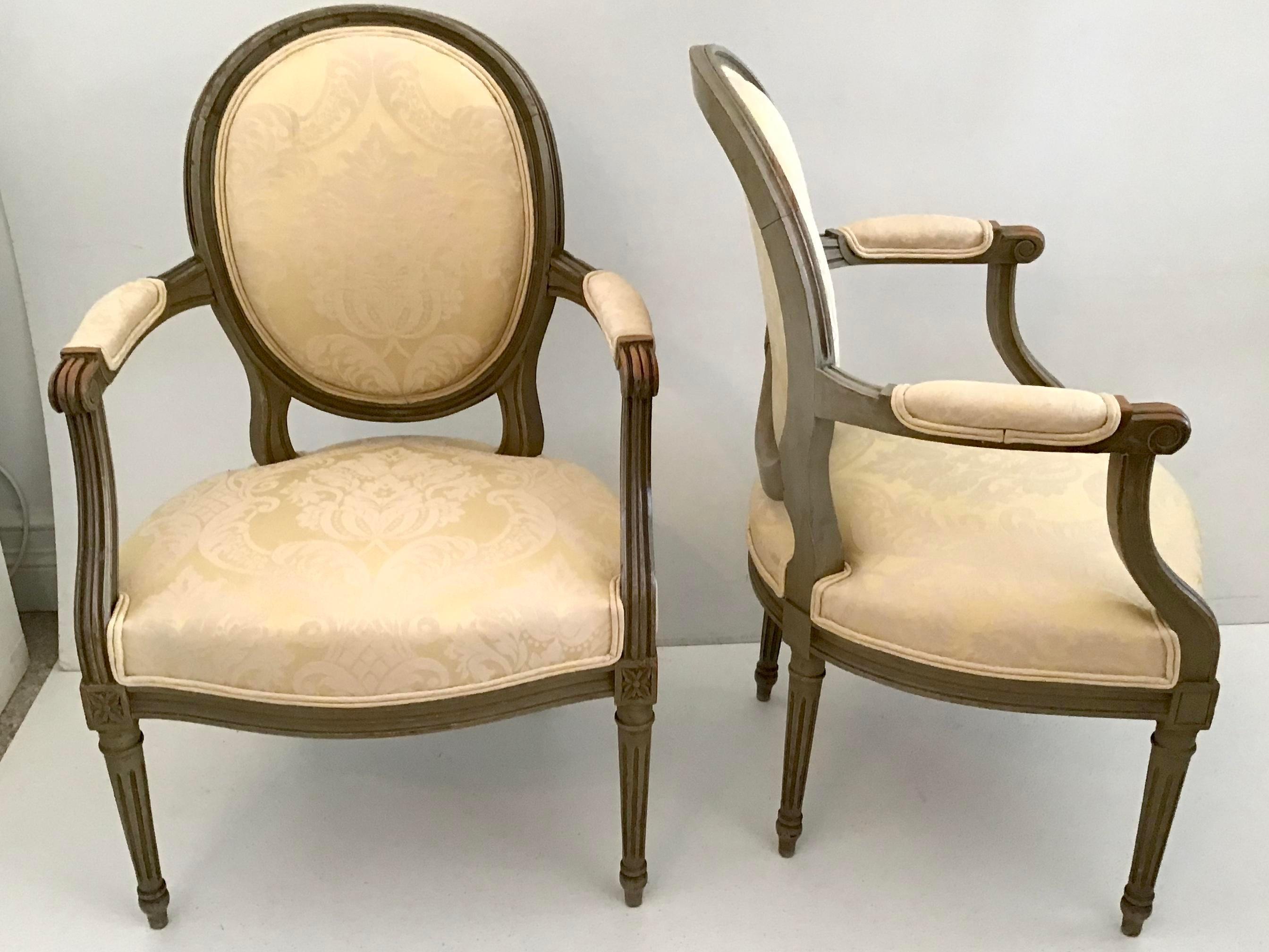 Textile French Bronze Louis XVI Fauteuils in New Yellow Damask Upholstery, a Pair For Sale