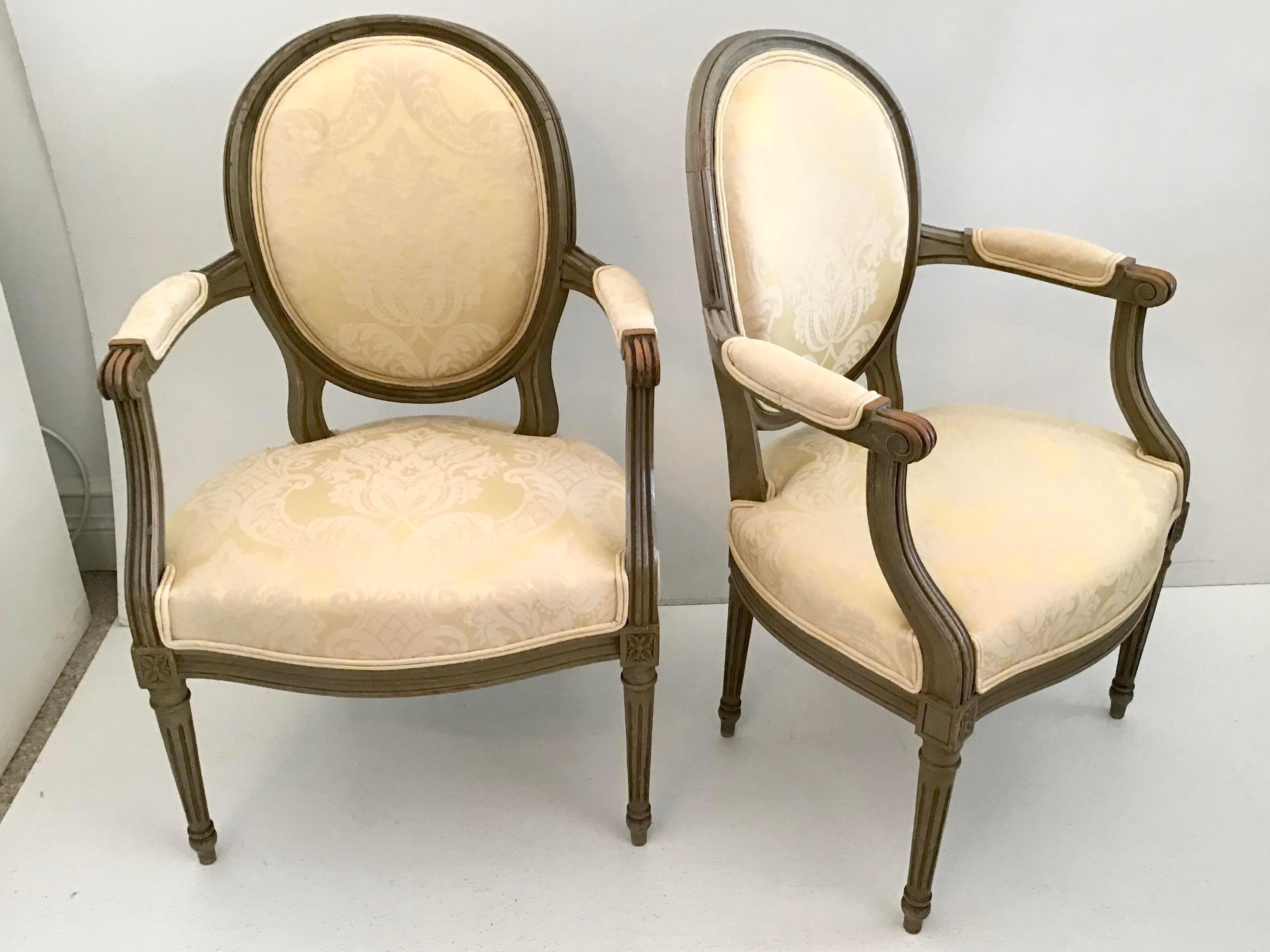 French Bronze Louis XVI Fauteuils in New Yellow Damask Upholstery, a Pair For Sale 1