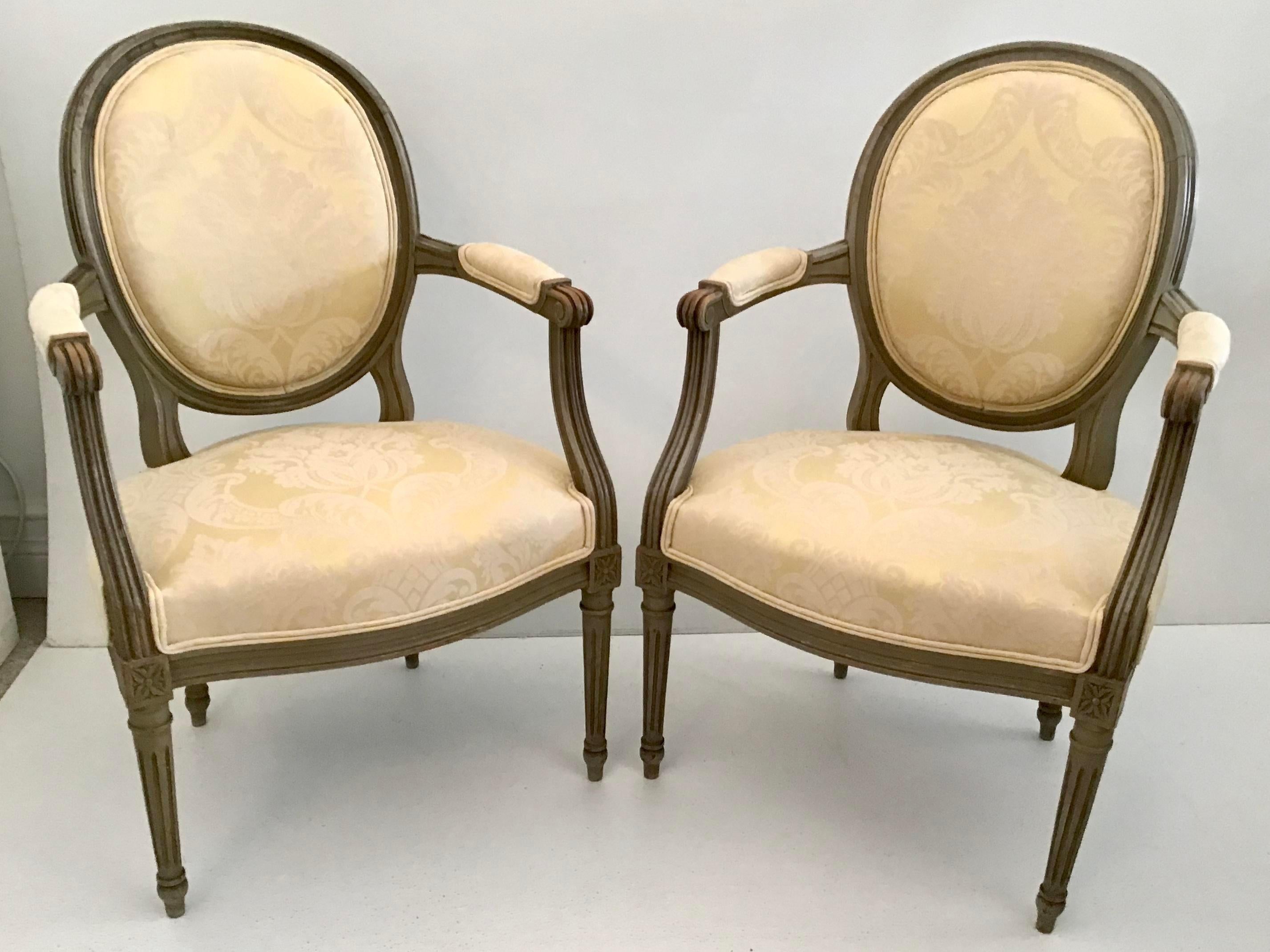 French Bronze Louis XVI Fauteuils in New Yellow Damask Upholstery, a Pair For Sale 2