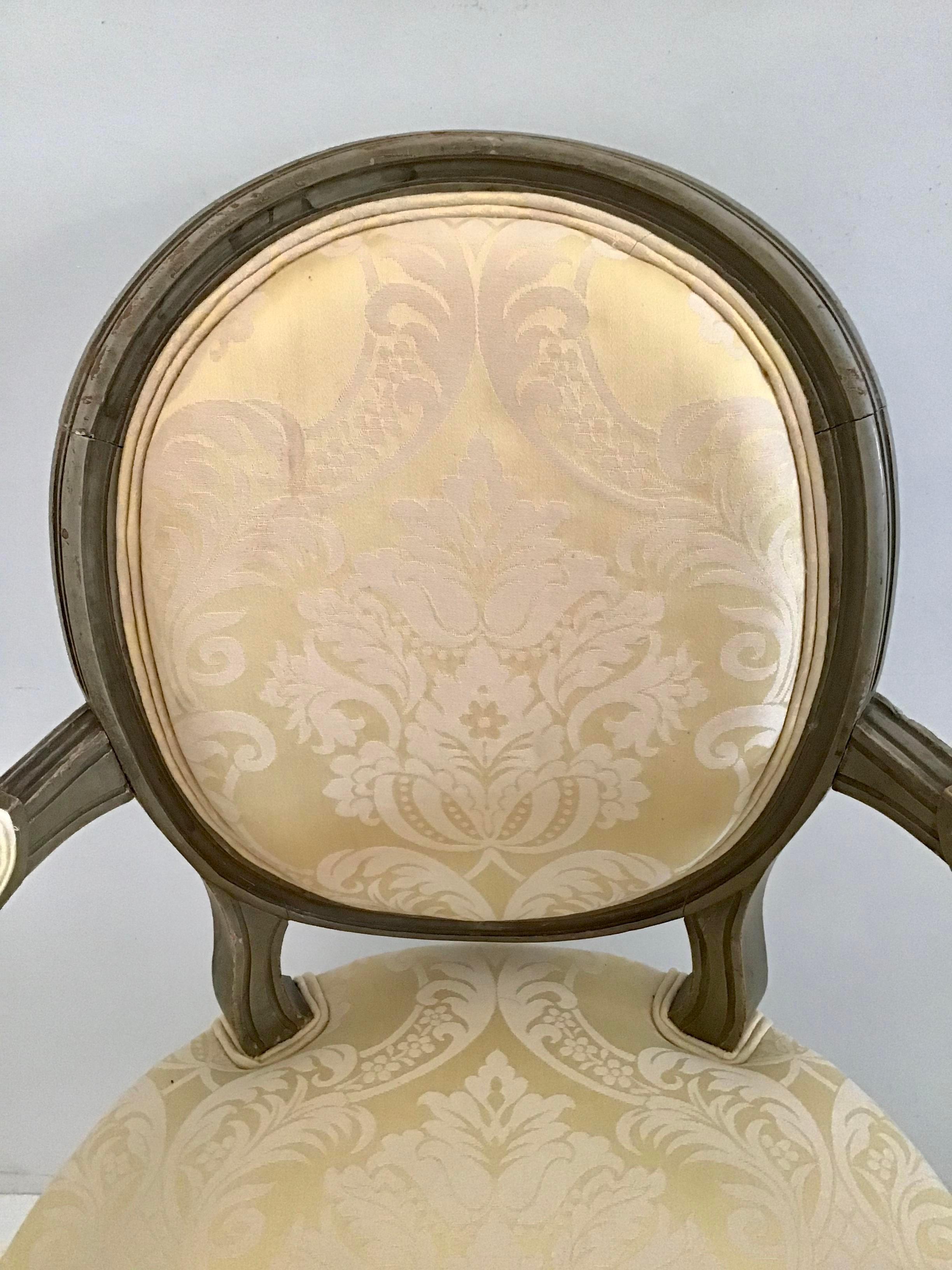 French Bronze Louis XVI Fauteuils in New Yellow Damask Upholstery, a Pair For Sale 3