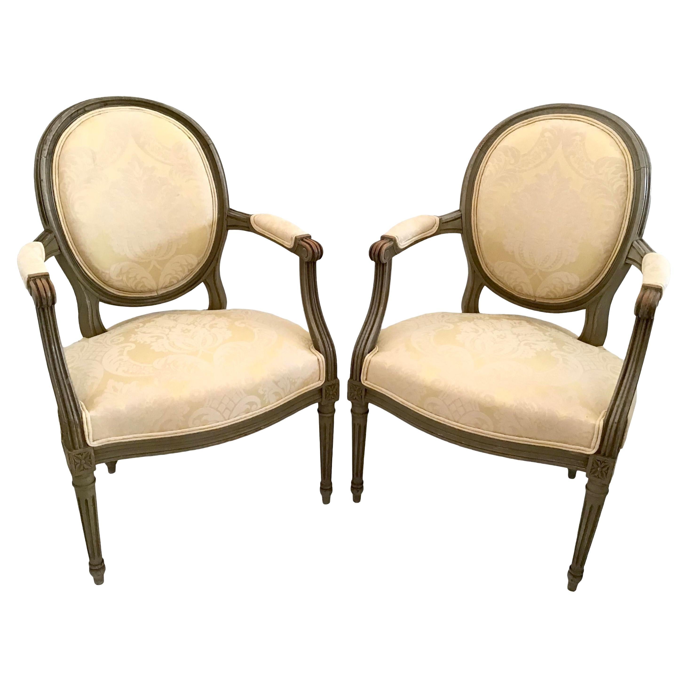 French Bronze Louis XVI Fauteuils in New Yellow Damask Upholstery, a Pair