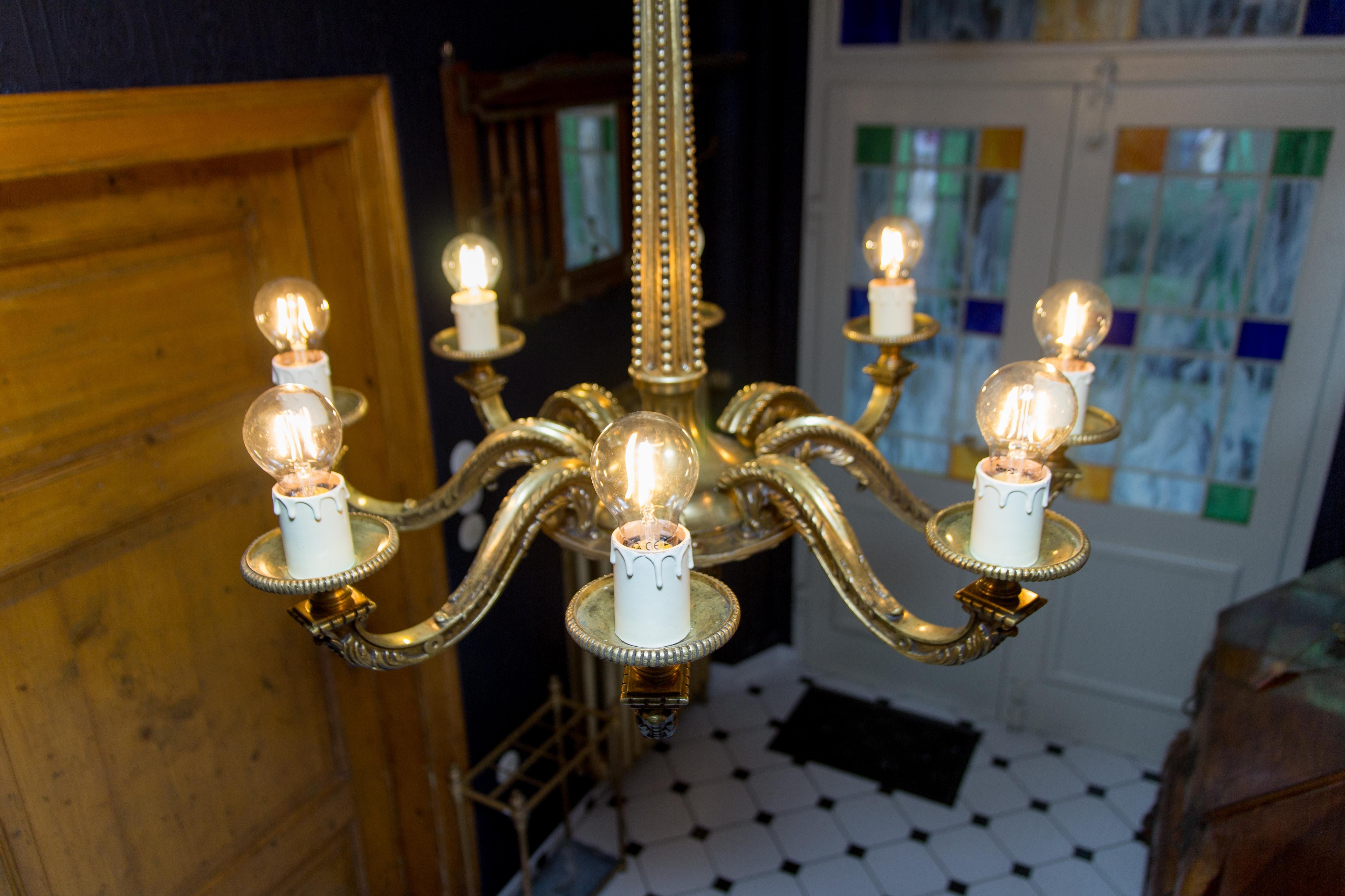 French Louis XVI Style Eight-Light Bronze Chandelier, Early 1900s 16