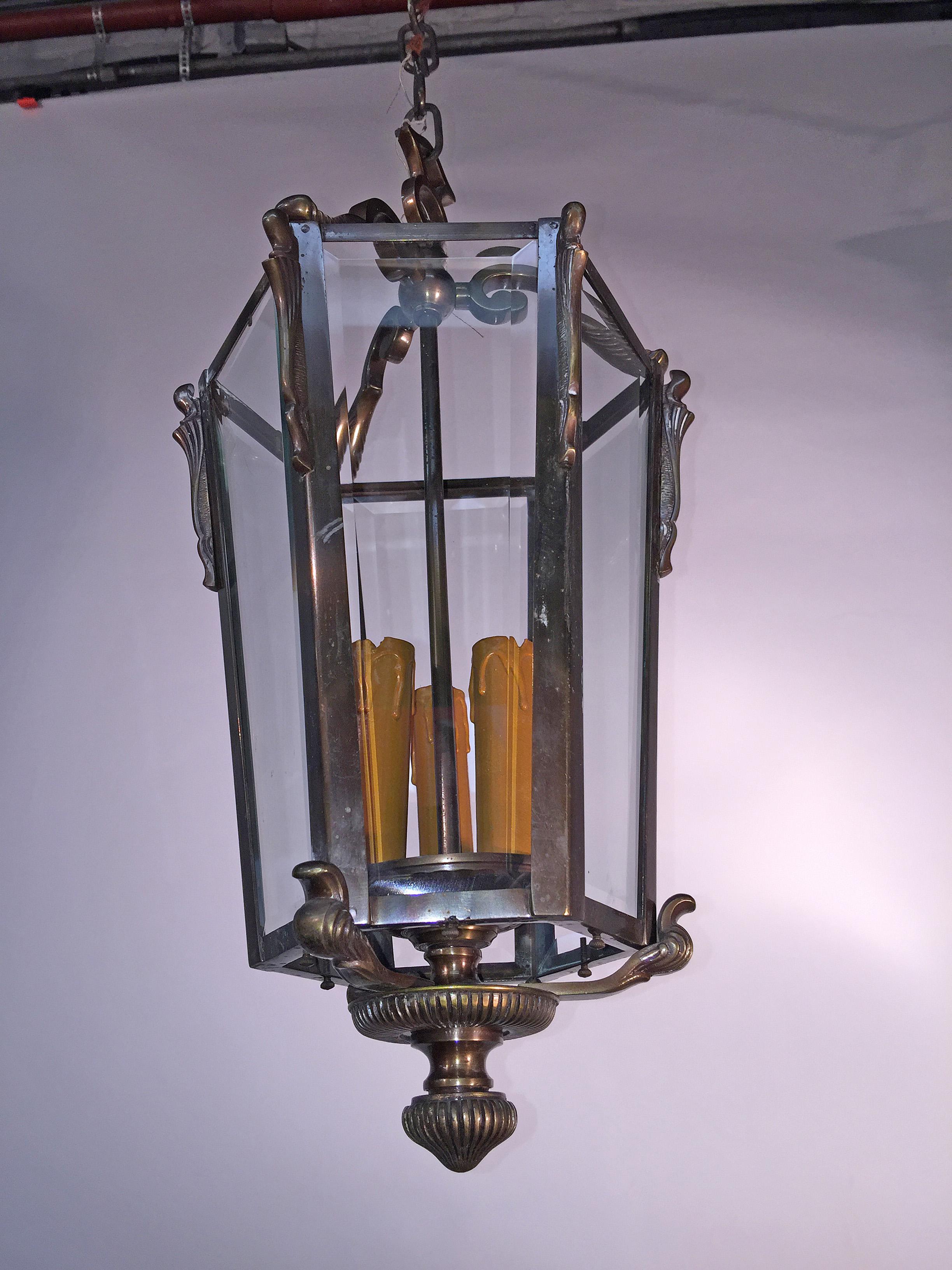 Beveled French Bronze Louis XVI Style Hanging Lantern, circa 1950 For Sale