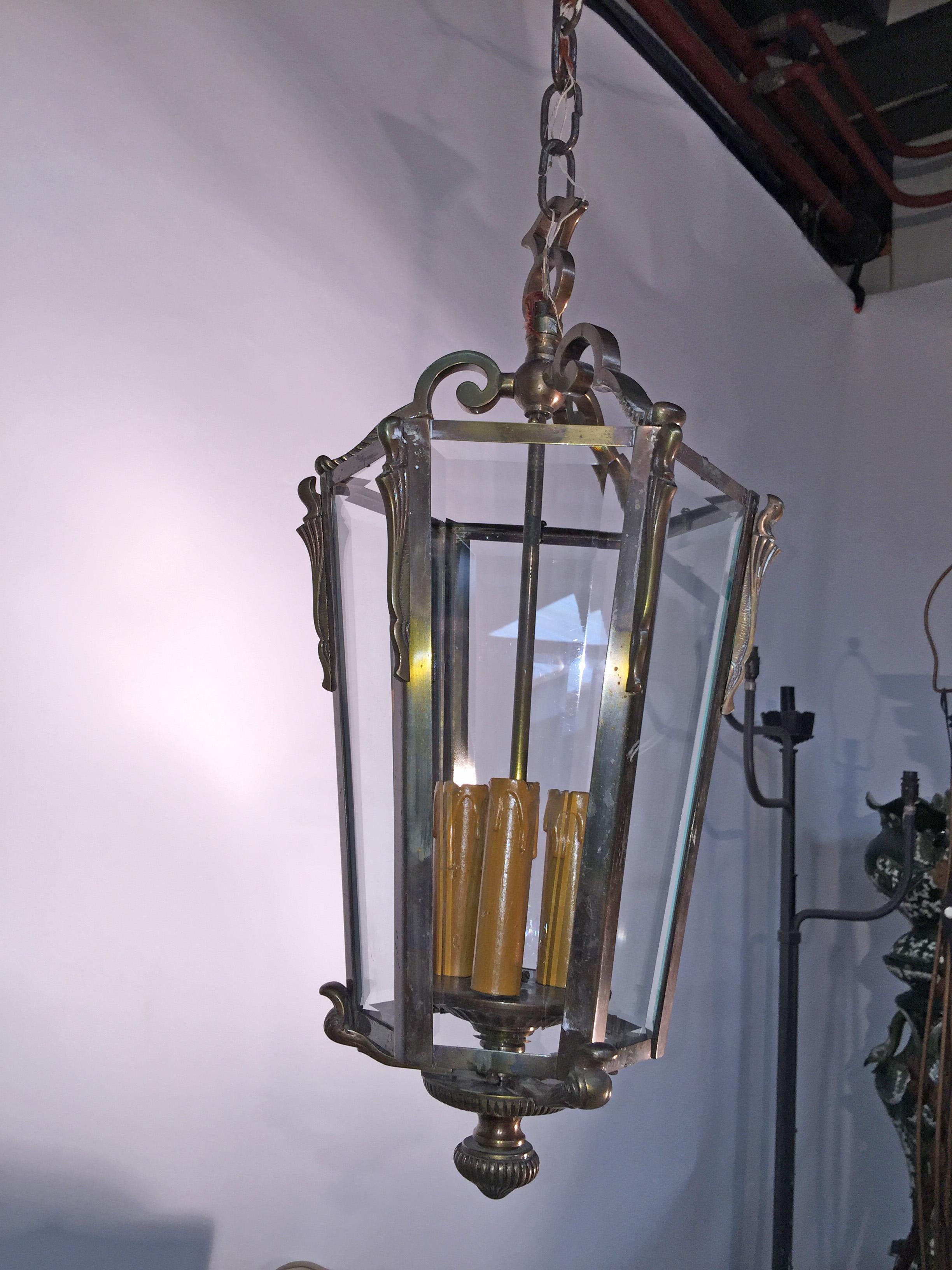 Mid-20th Century French Bronze Louis XVI Style Hanging Lantern, circa 1950 For Sale