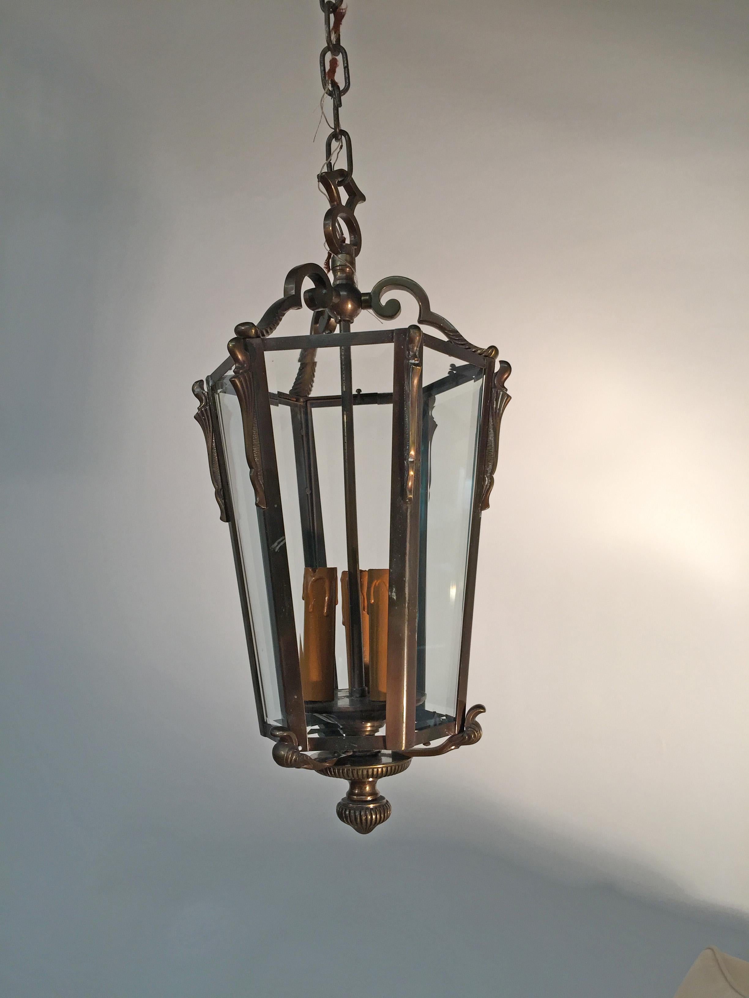French Bronze Louis XVI Style Hanging Lantern, circa 1950 For Sale 1