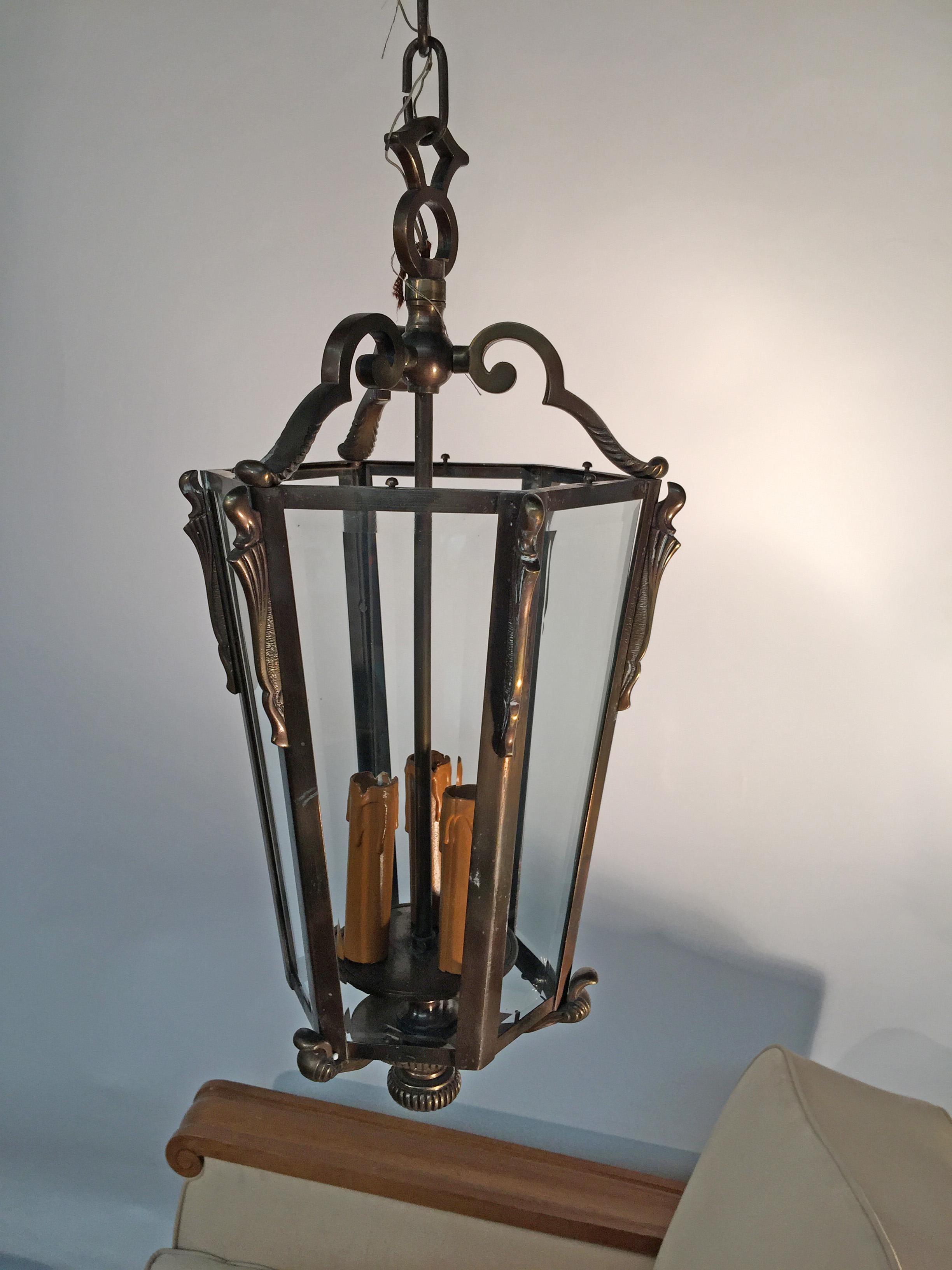 French Bronze Louis XVI Style Hanging Lantern, circa 1950 For Sale 3