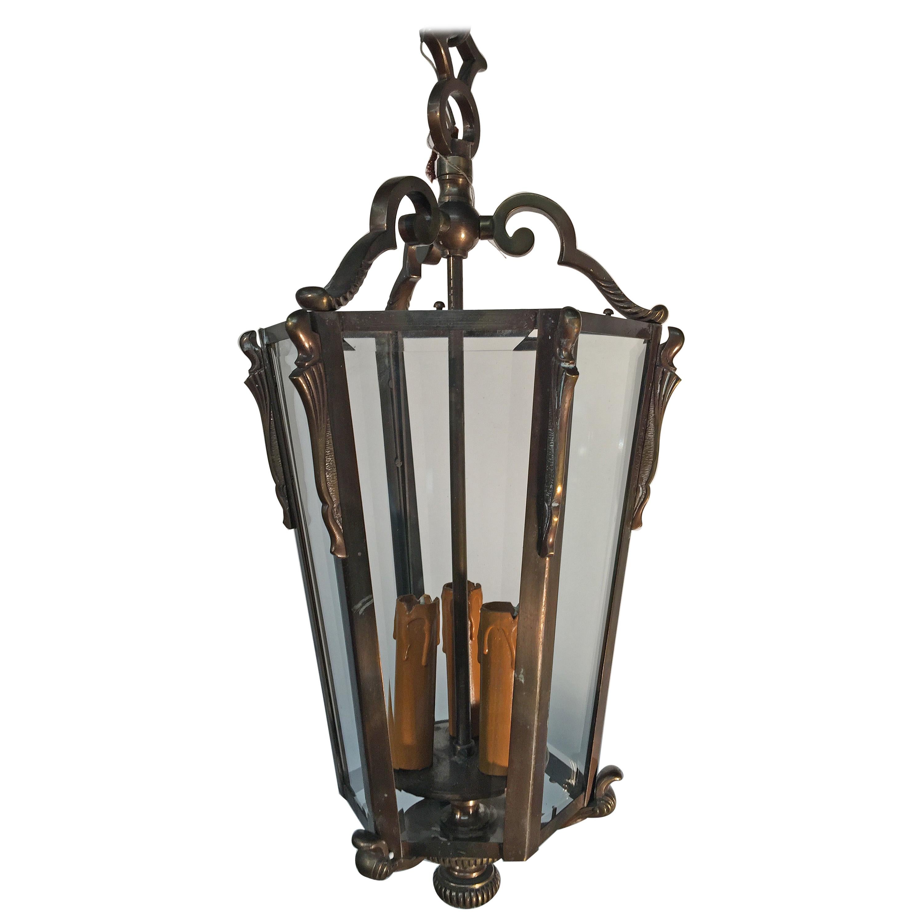 French Bronze Louis XVI Style Hanging Lantern, circa 1950 For Sale