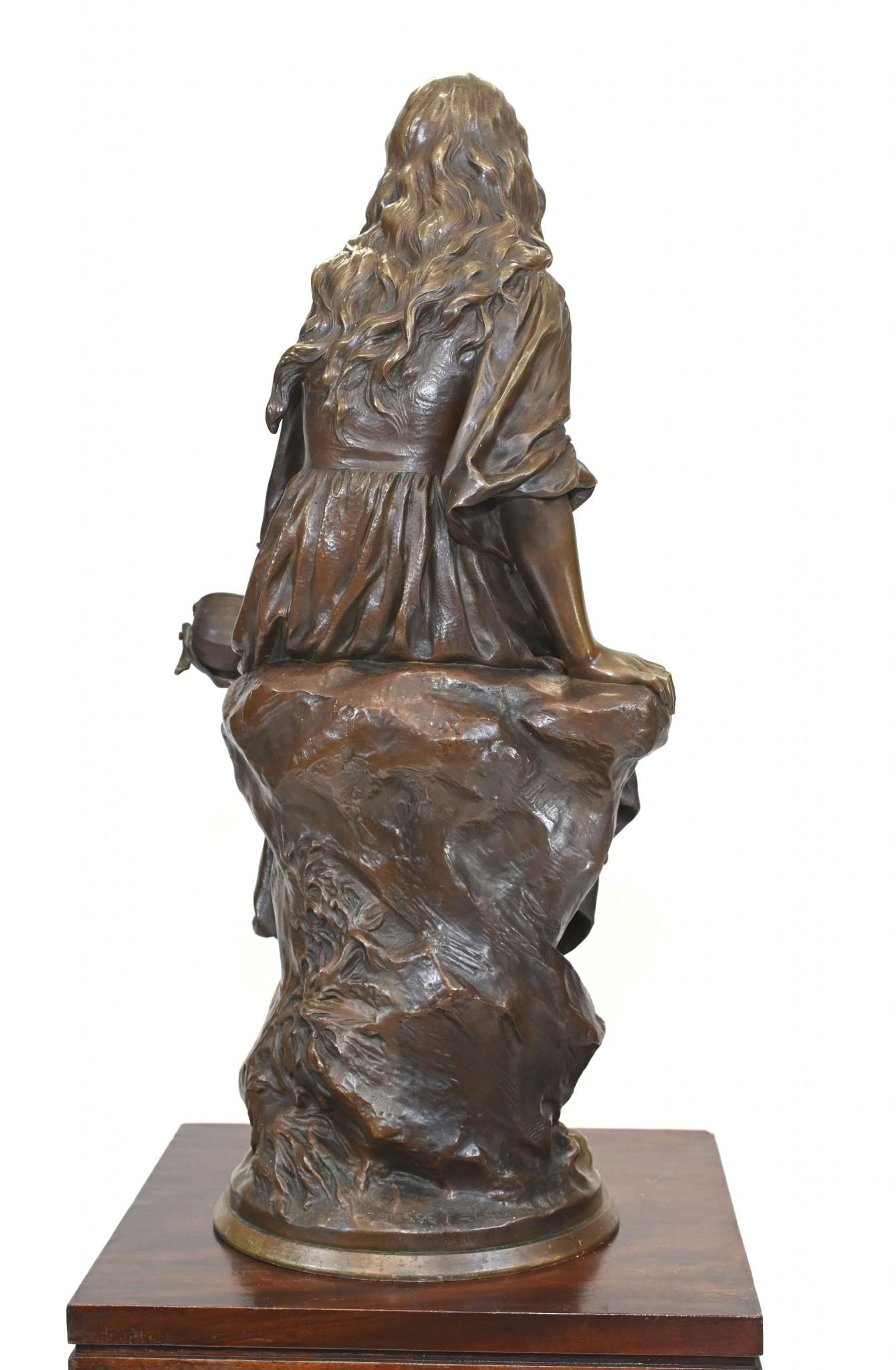 French Bronze Mandolin Player by Paul Mengin Art Nouveau Maiden Figurine 1890 For Sale 5
