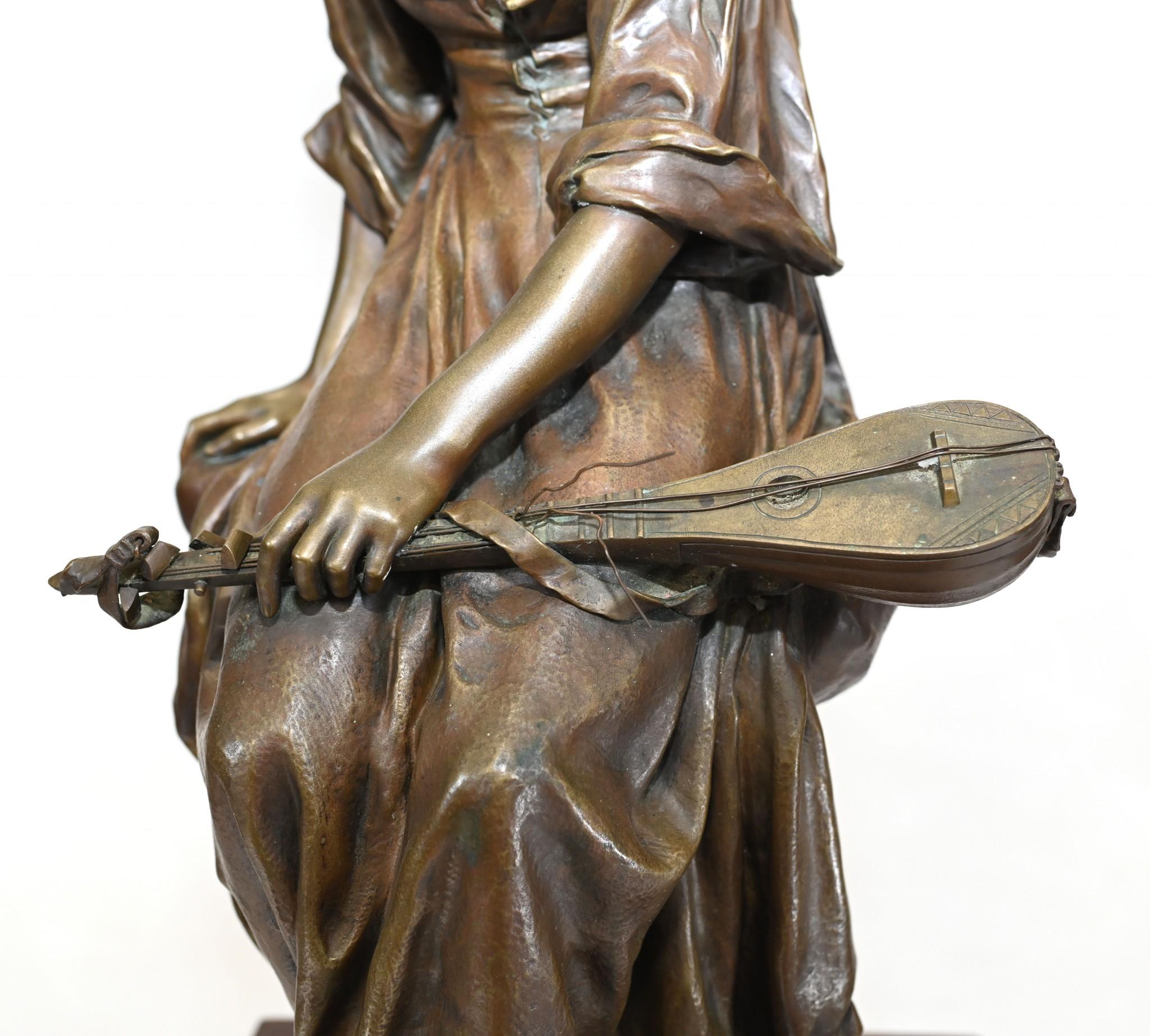 French Bronze Mandolin Player by Paul Mengin Art Nouveau Maiden Figurine 1890 For Sale 10