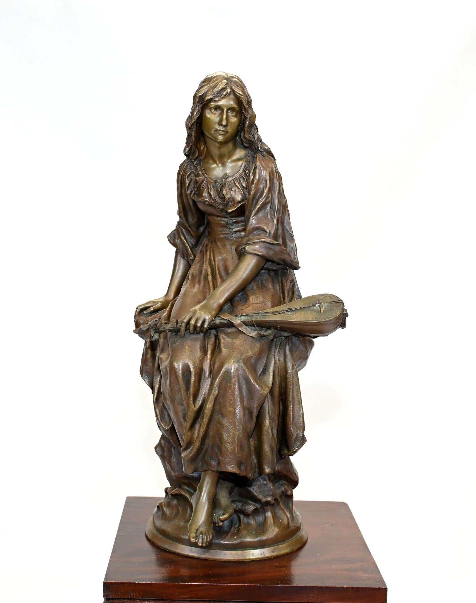 French Bronze Mandolin Player by Paul Mengin Art Nouveau Maiden Figurine 1890 For Sale 12