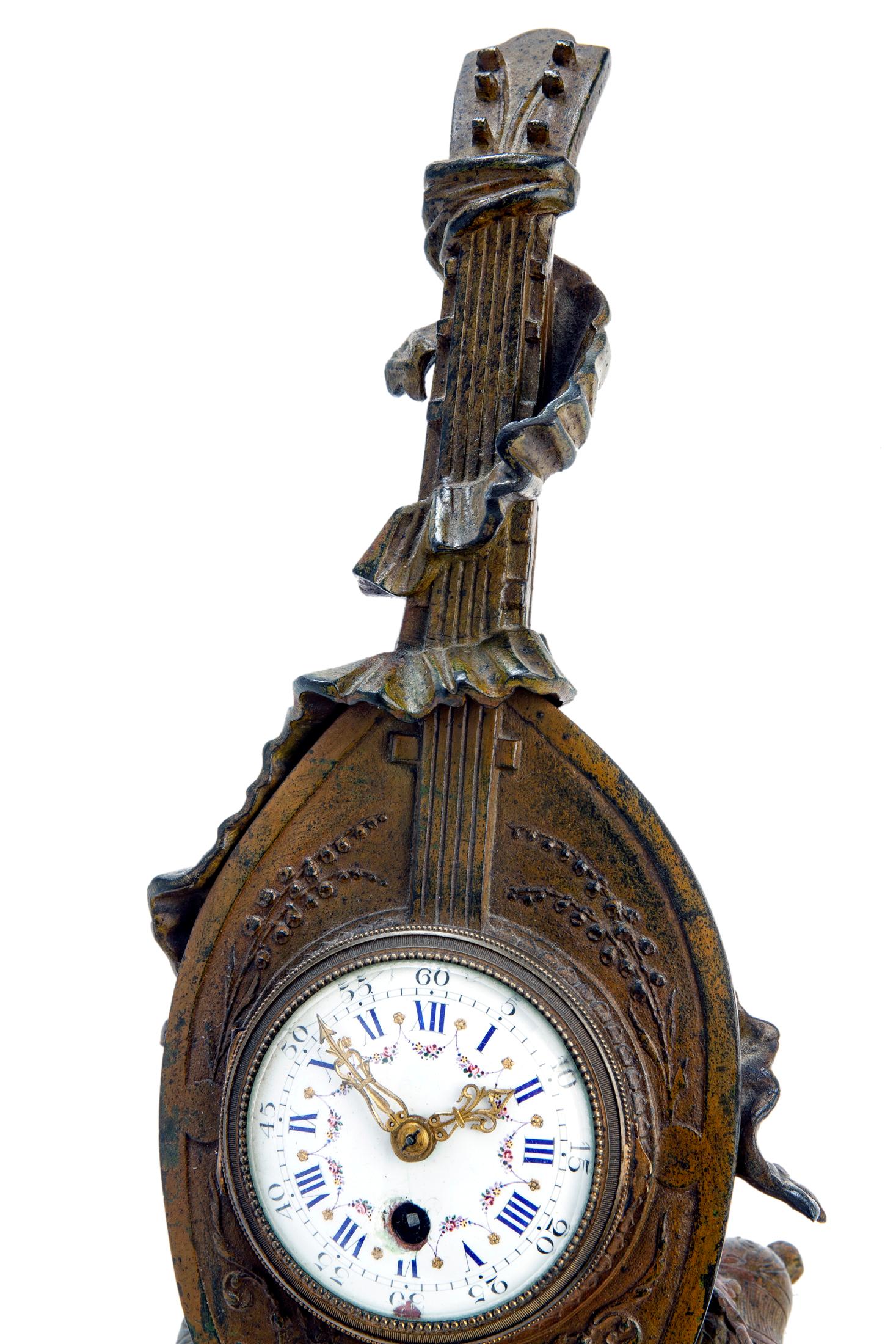 19th Century French Bronze Mandolin Table Clock For Sale