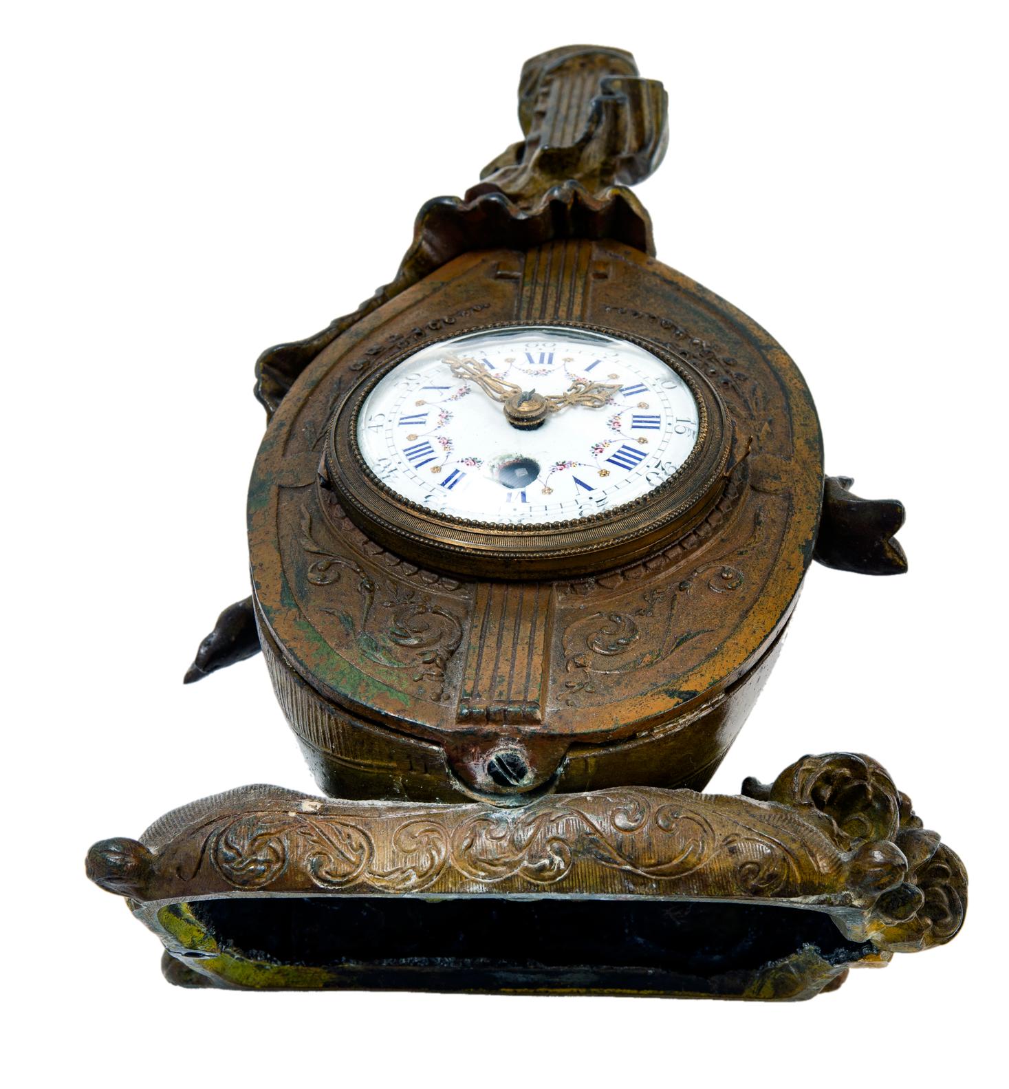 French Bronze Mandolin Table Clock For Sale 1
